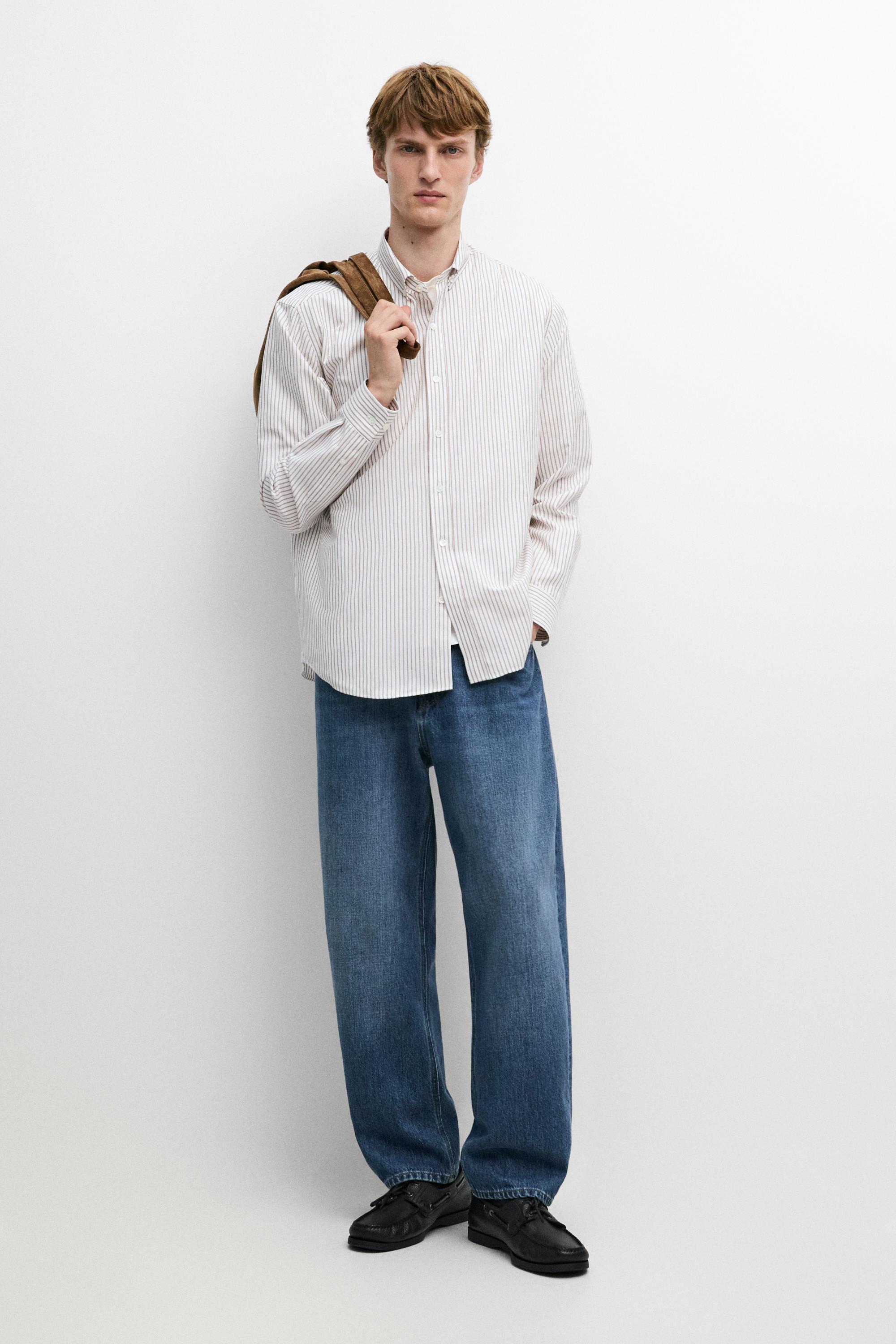 100% cotton regular fit striped shirt — BROWN