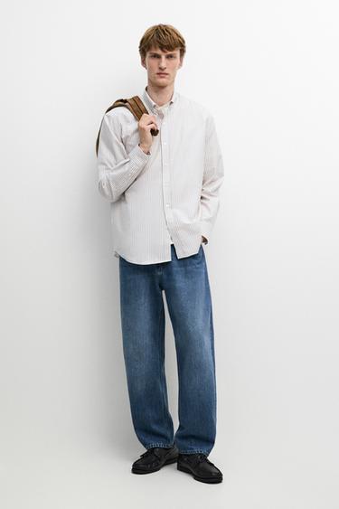 100% cotton regular fit striped shirt — BROWN 1