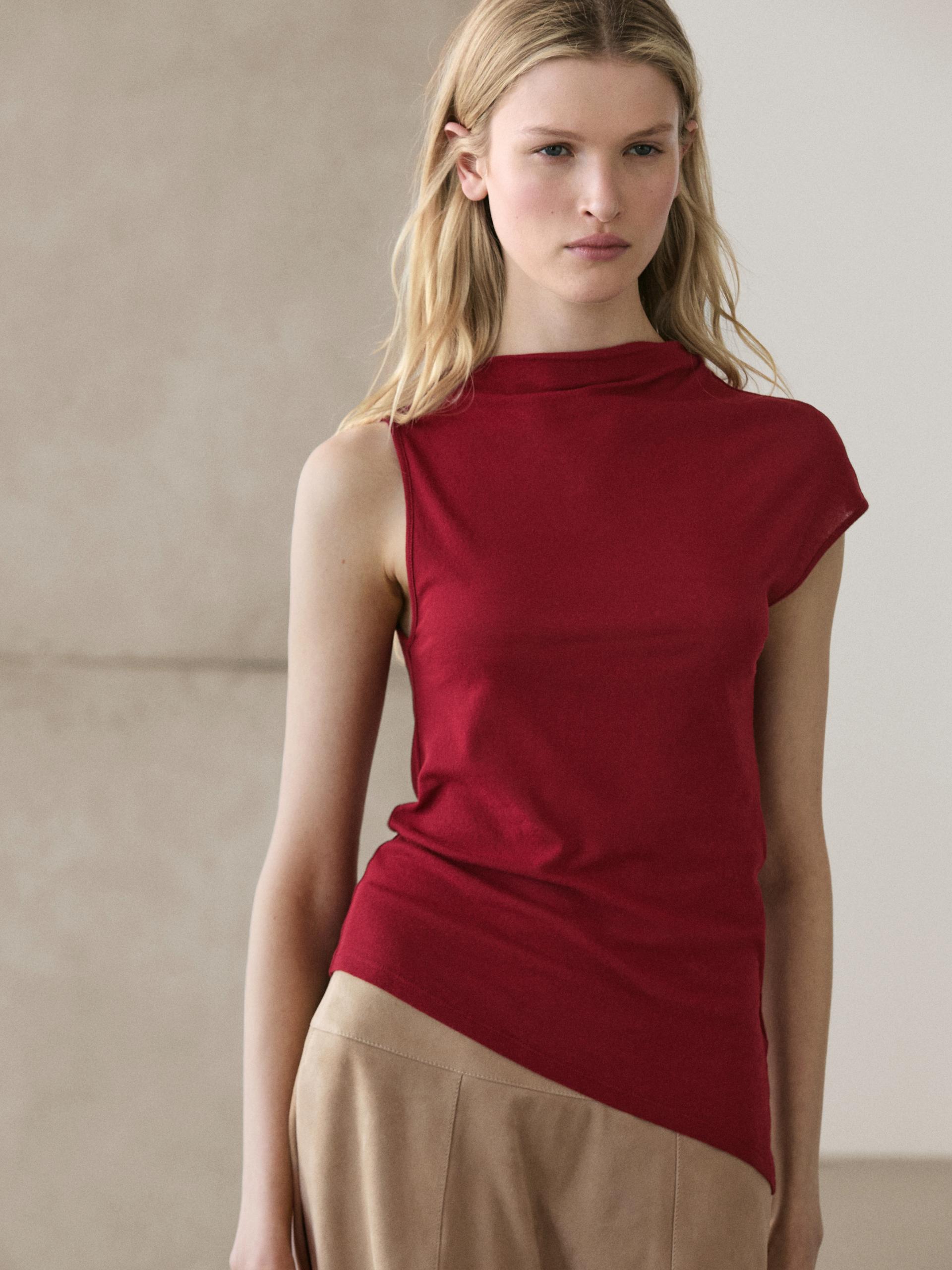 Top Détail Asymétrique 100 % Coton - Rouge Sombre - S - Massimo Dutti - Femme