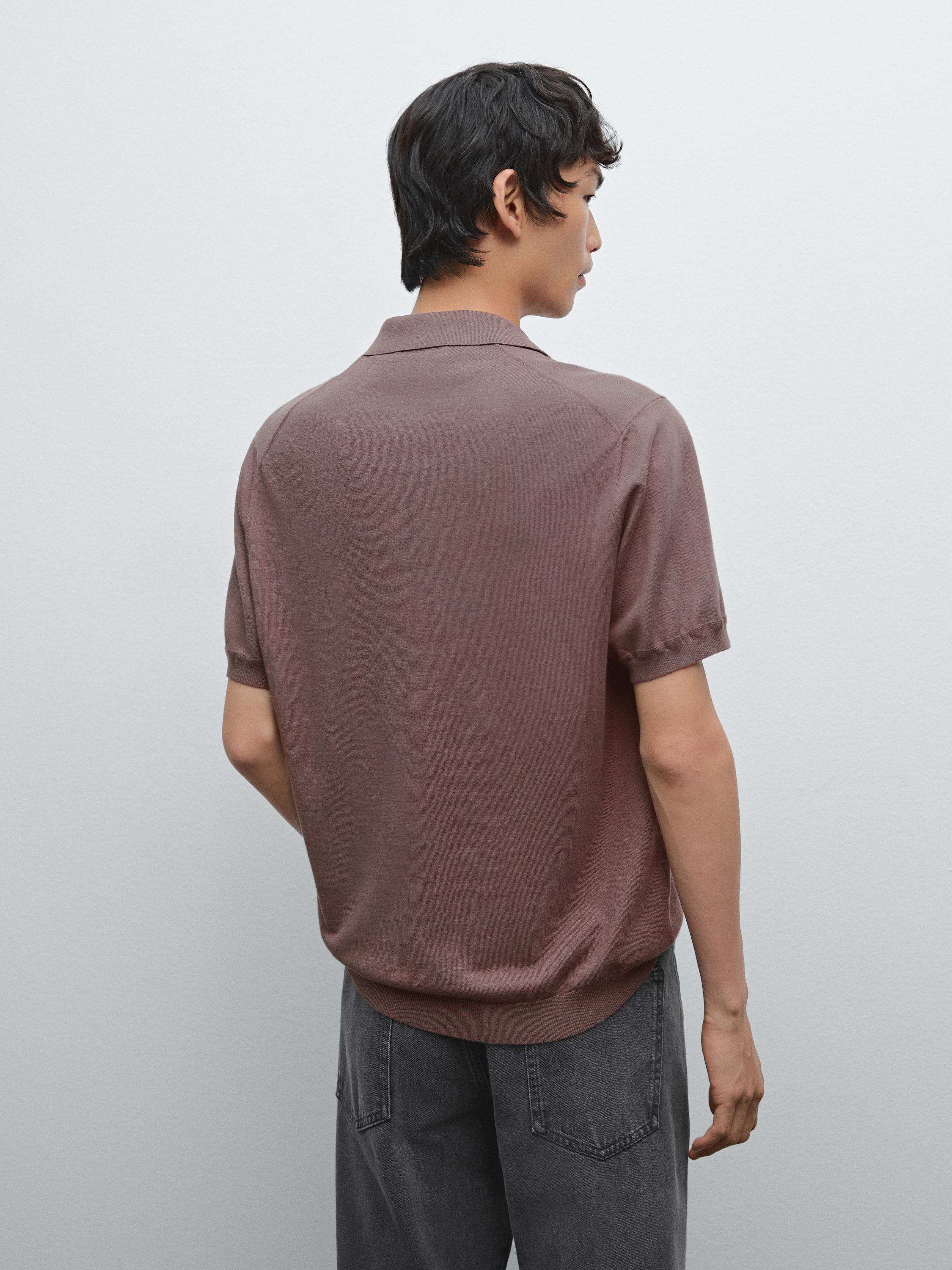 Linen blend knit V-neck polo shirt