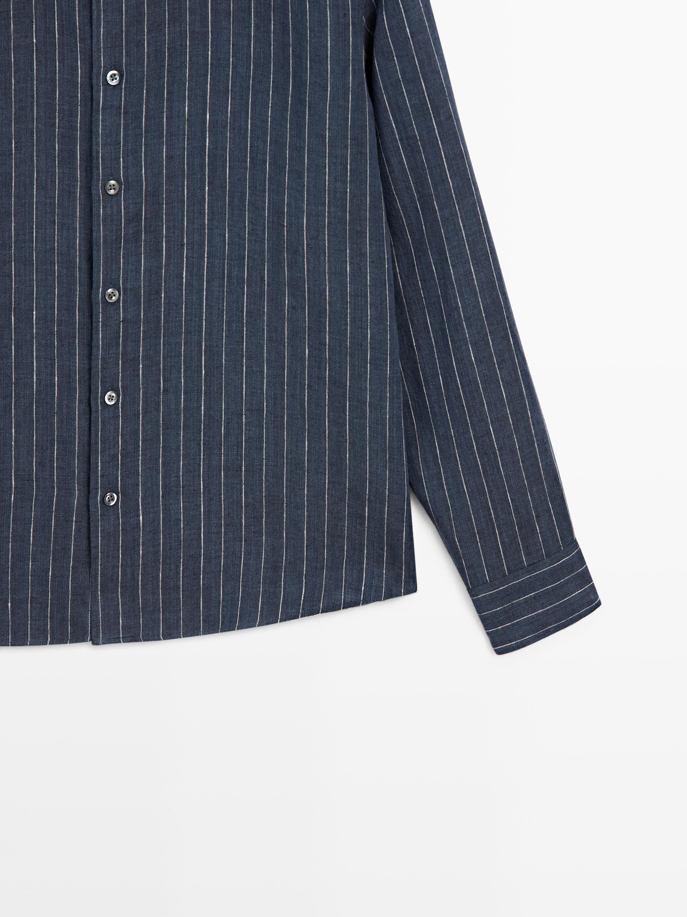Regular fit 100% linen striped shirt — FADED BLUE