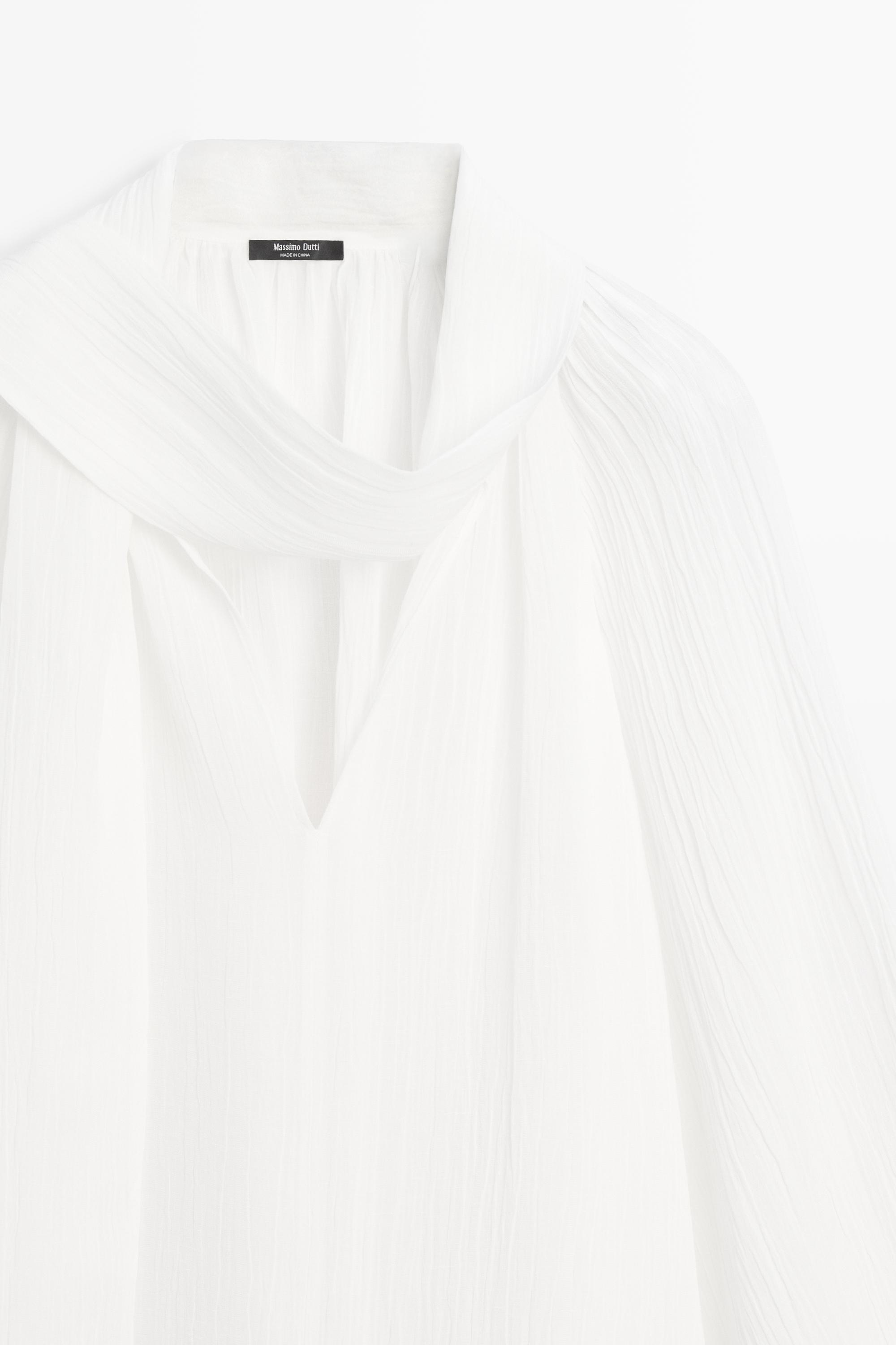 Flowing V-neck blouse with tie — WHITE