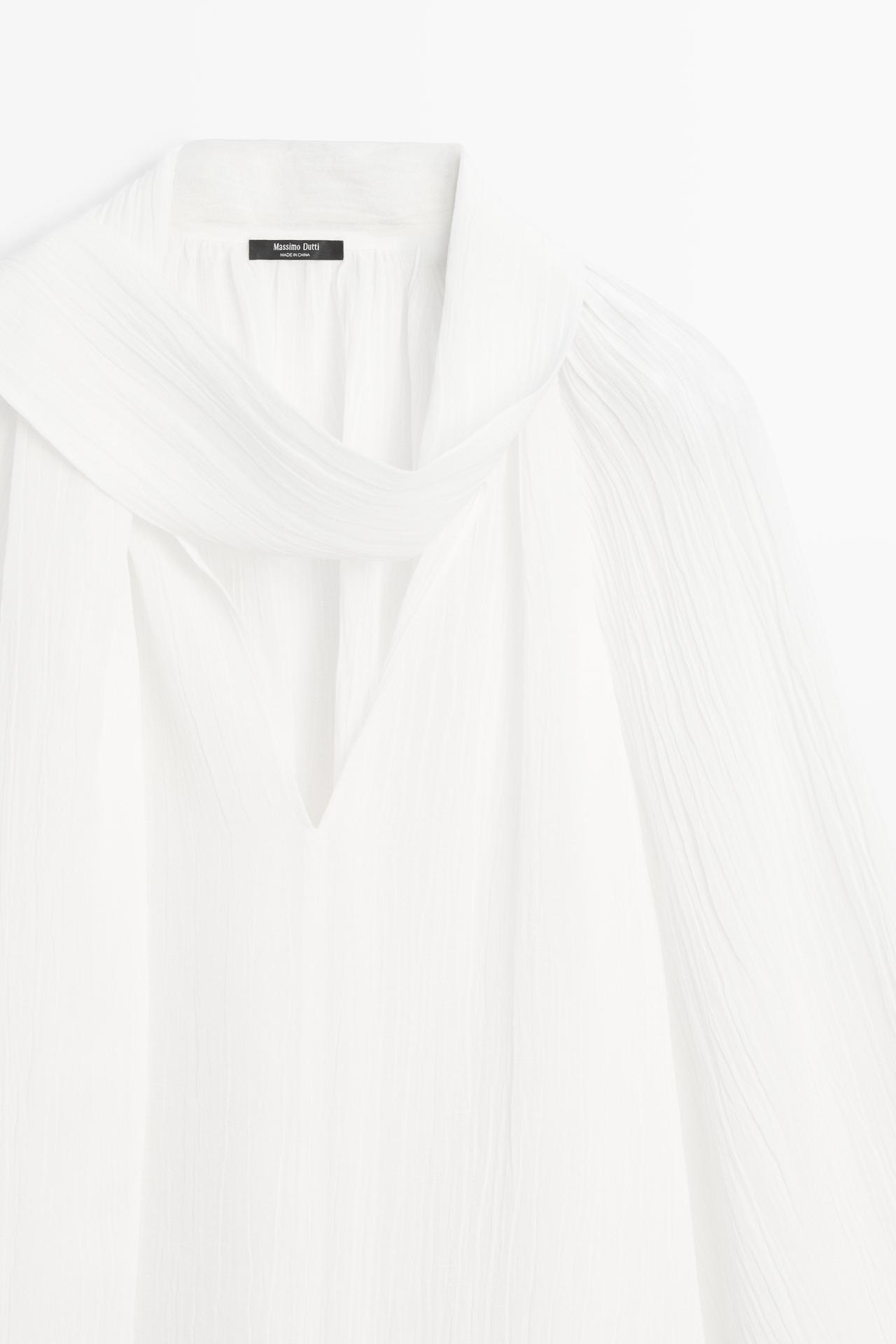 Flowing V-neck blouse with tie — WHITE