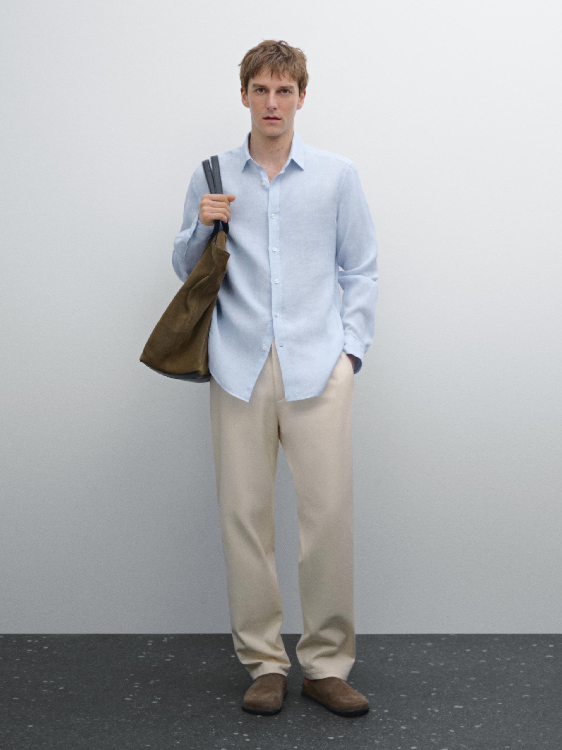 Camicia A Righe Slim Fit 100% Lino - Celeste - M - Massimo Dutti - Maschile
