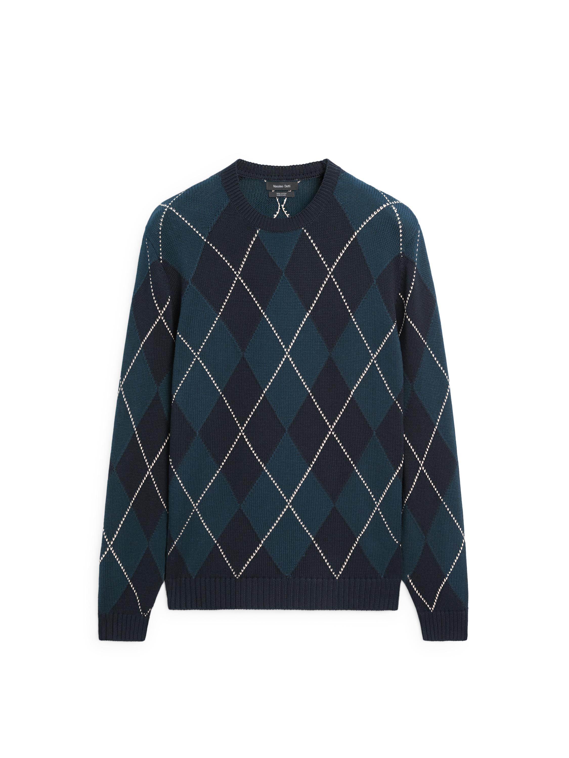 Cotton knit sweater with argyle detail — BLUE