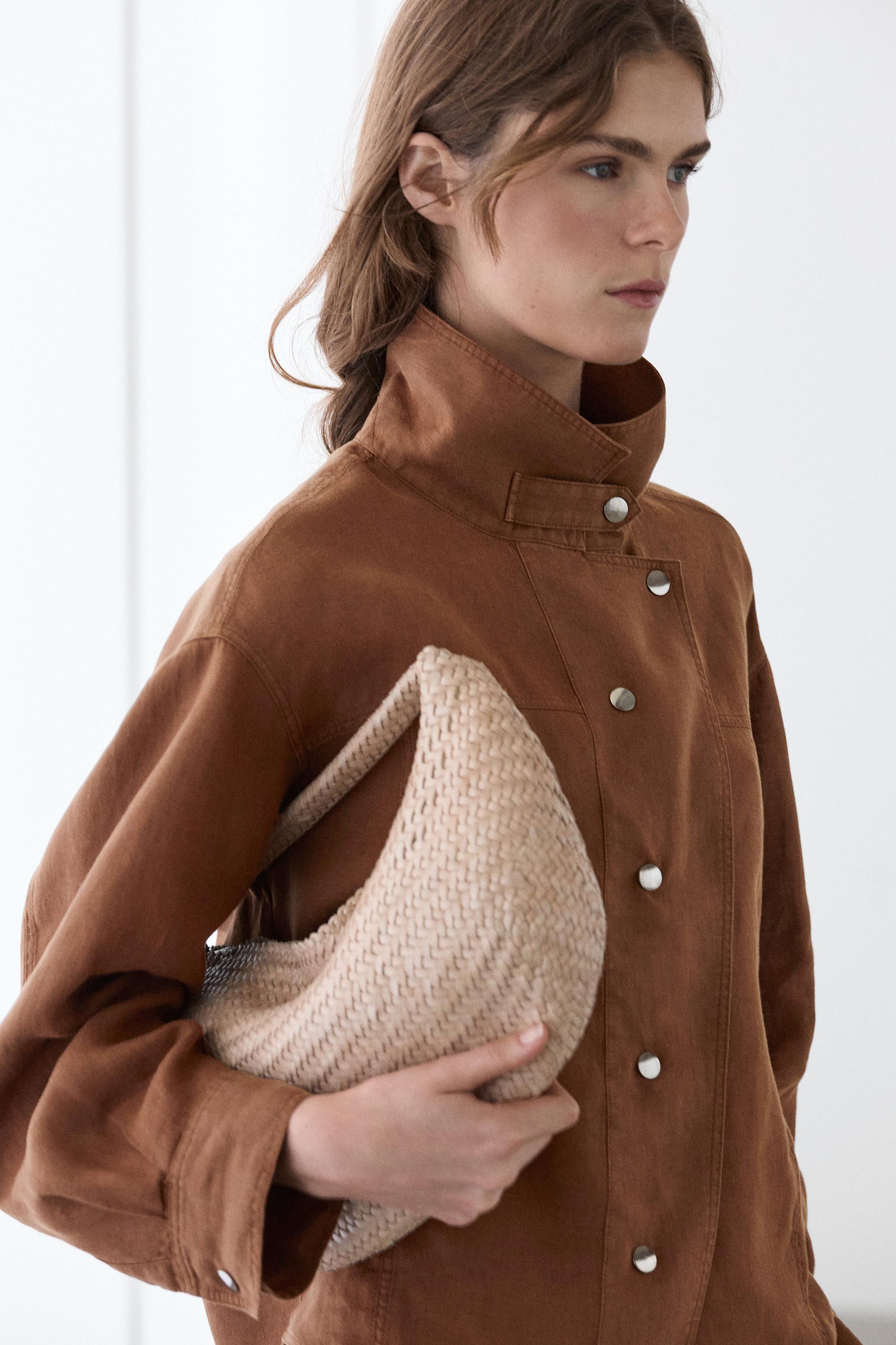 100% linen snap-button shirt — BROWN