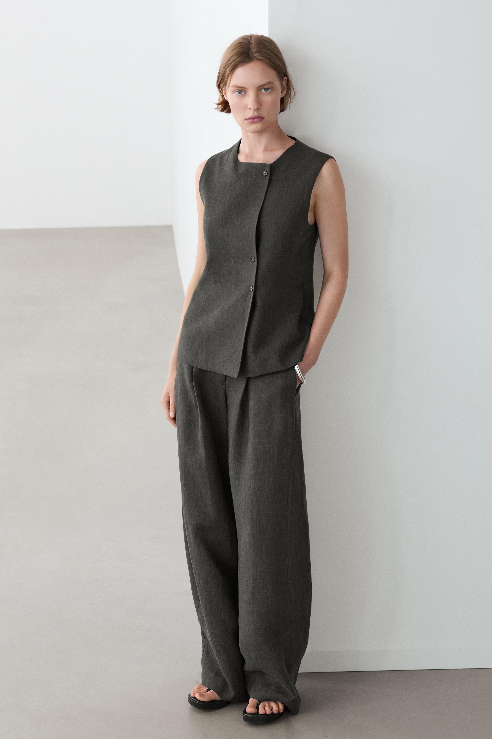 Melange linen double-breasted waistcoat with buttons — BLUISH GREEN