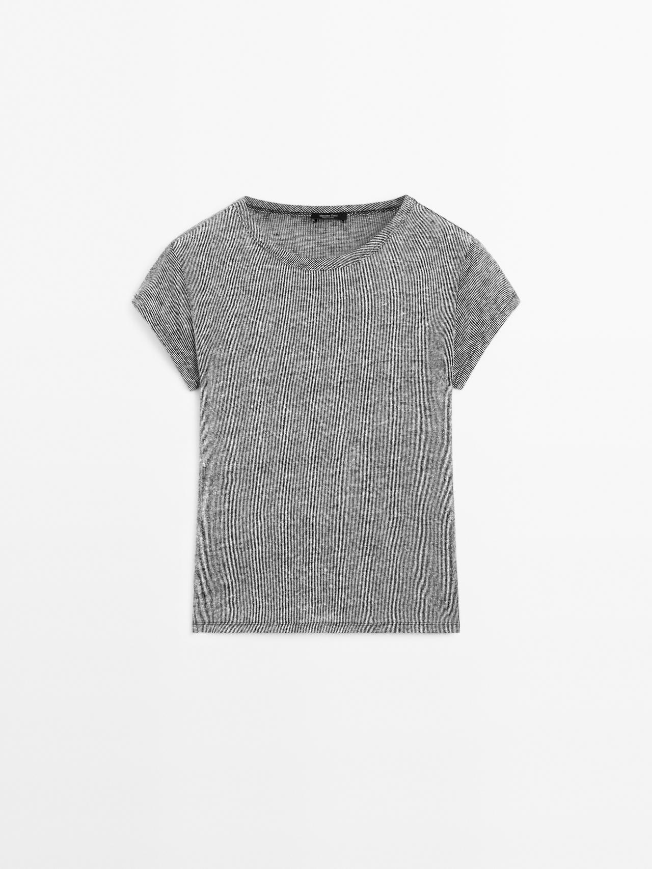 Massimo Dutti - Dame - Stribet T-Shirt I Hør Med Korte Ærmer - Sort - S