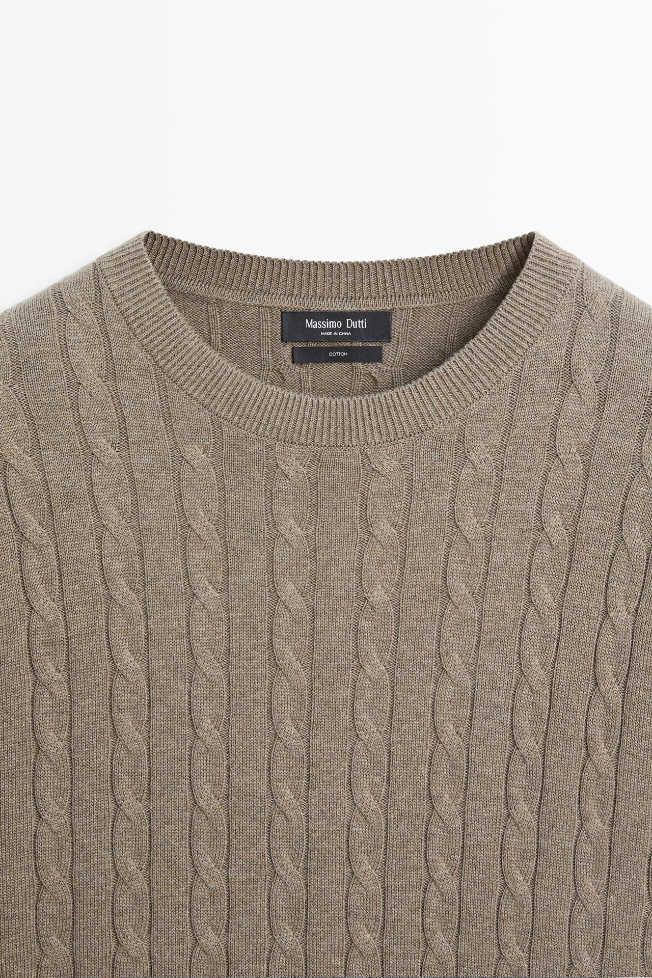 Cable-knit round neck sweater — KHAKI