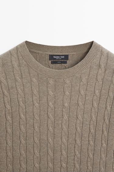 Cable-knit round neck sweater — KHAKI 4