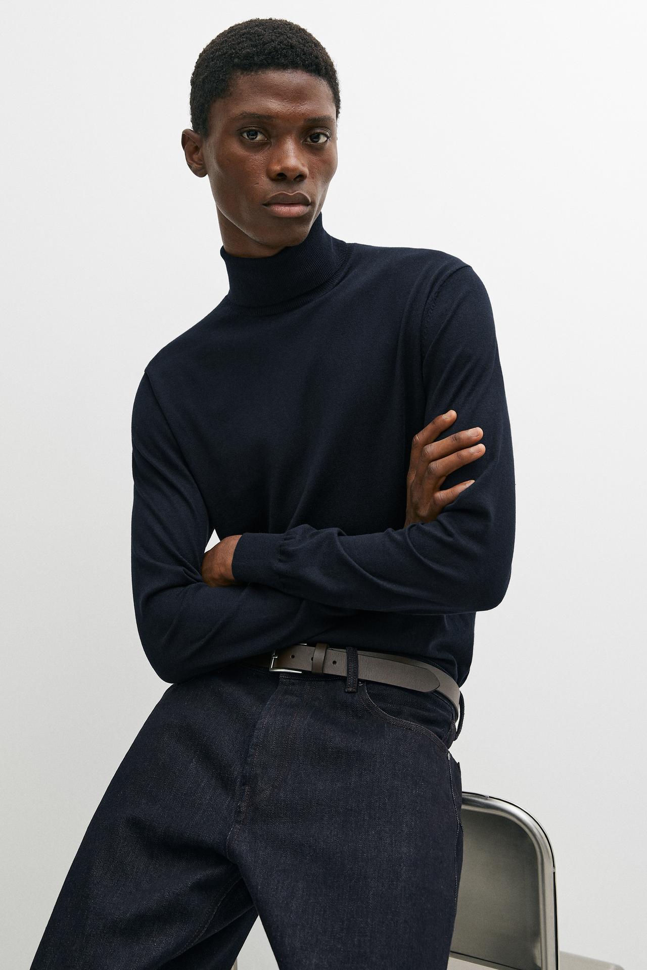 Cotton blend high neck knit sweater — NAVY BLUE