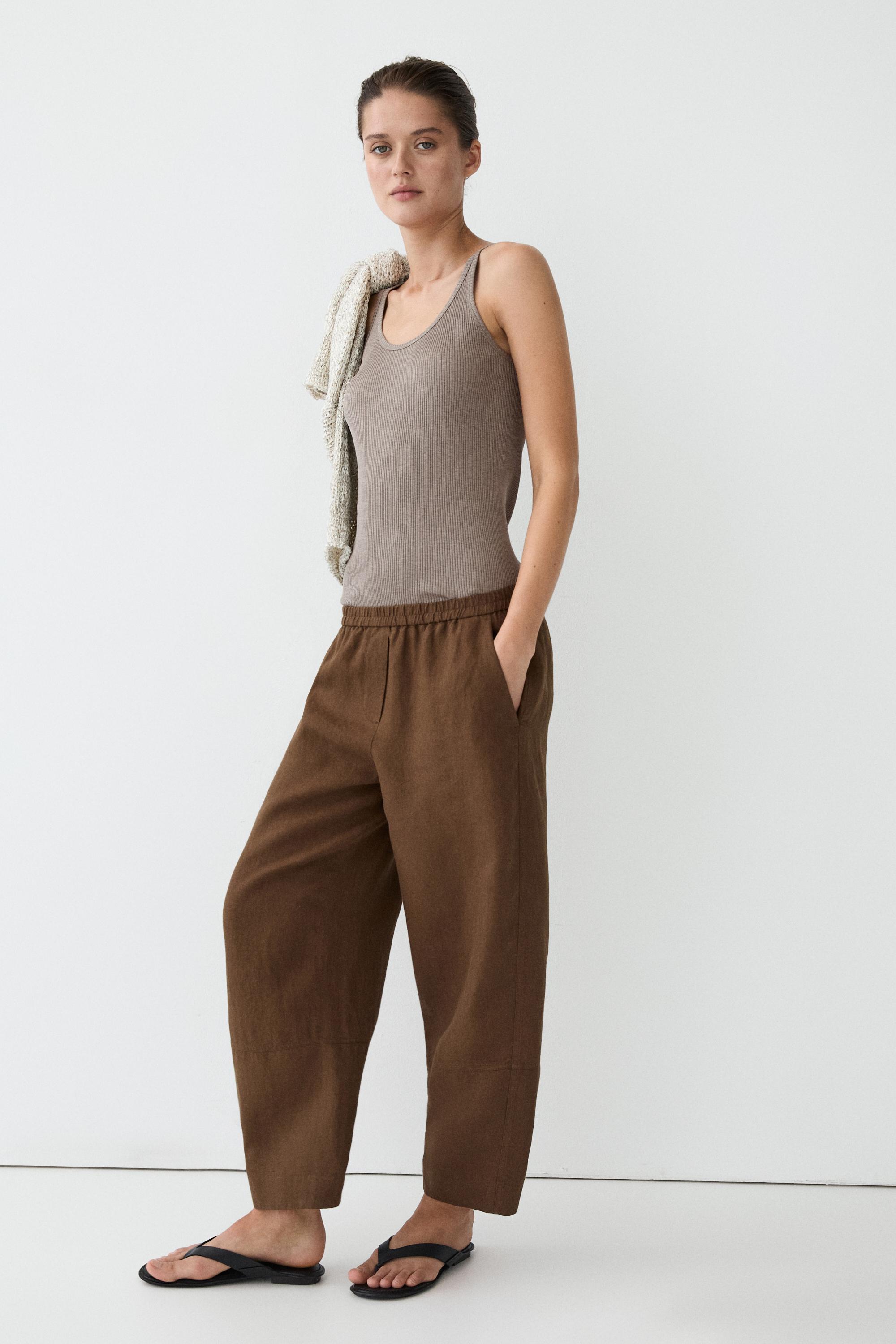 Linen pants with elastic waistband detail — BROWN