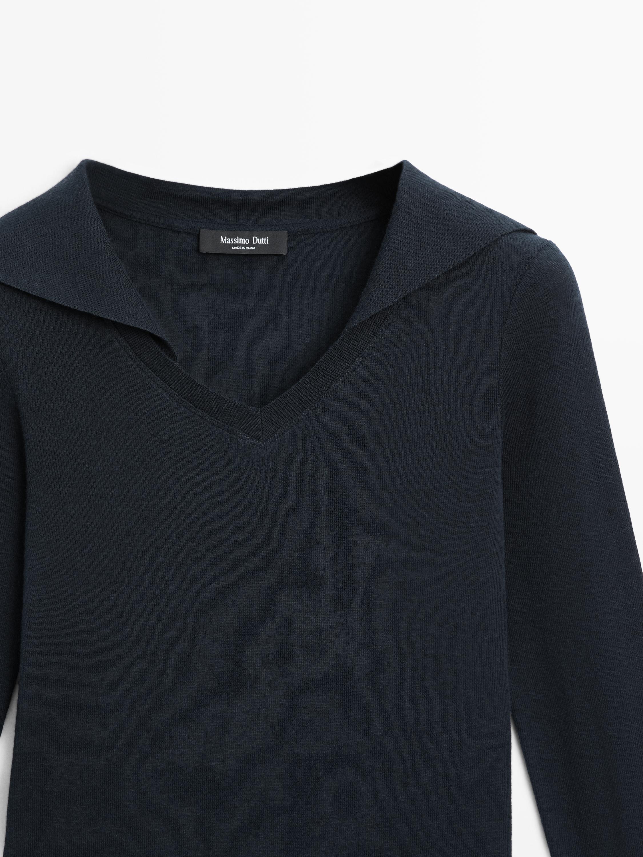 Long sleeve knit V-neck polo shirt — NAVY BLUE