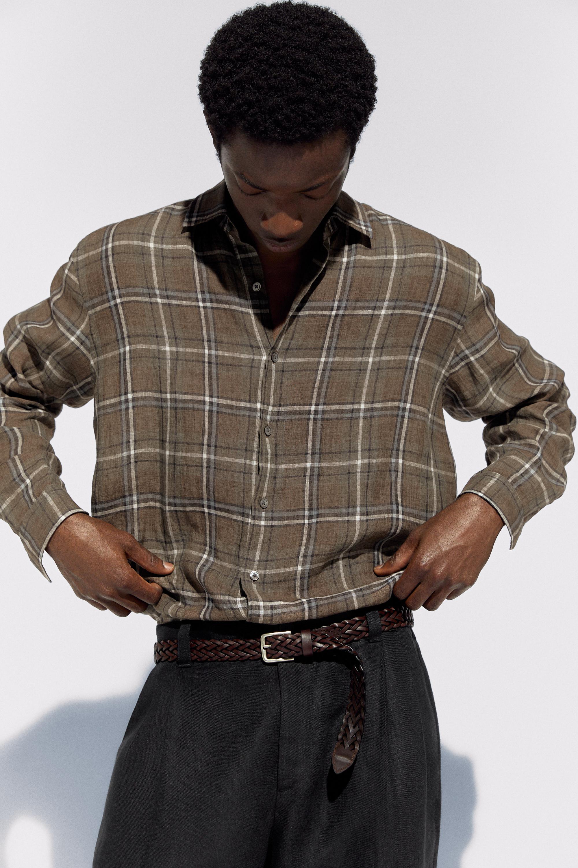 100% linen regular fit check shirt — GREEN