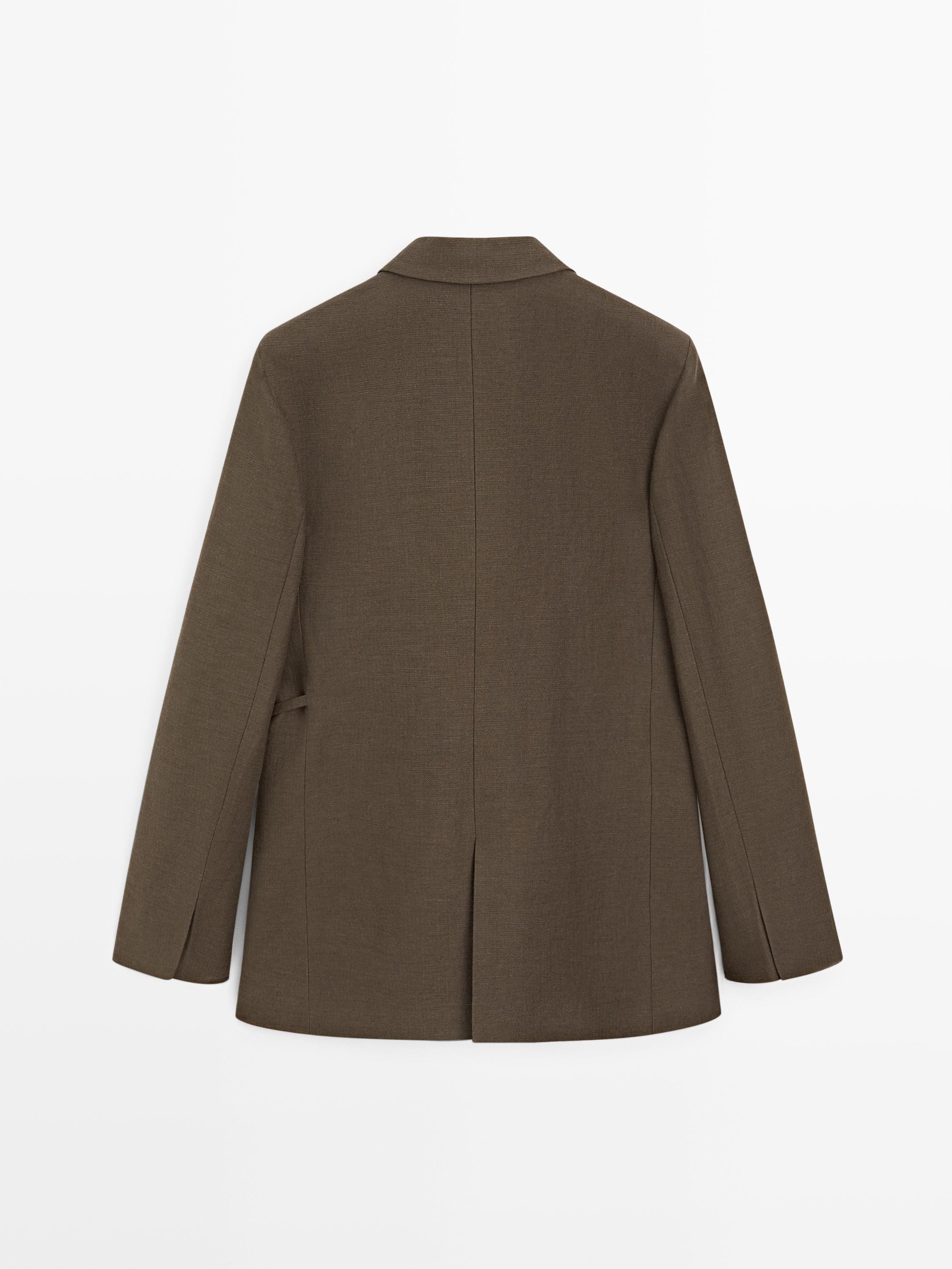 Double-breasted cotton blend blazer with tie detail — DARK GREEN