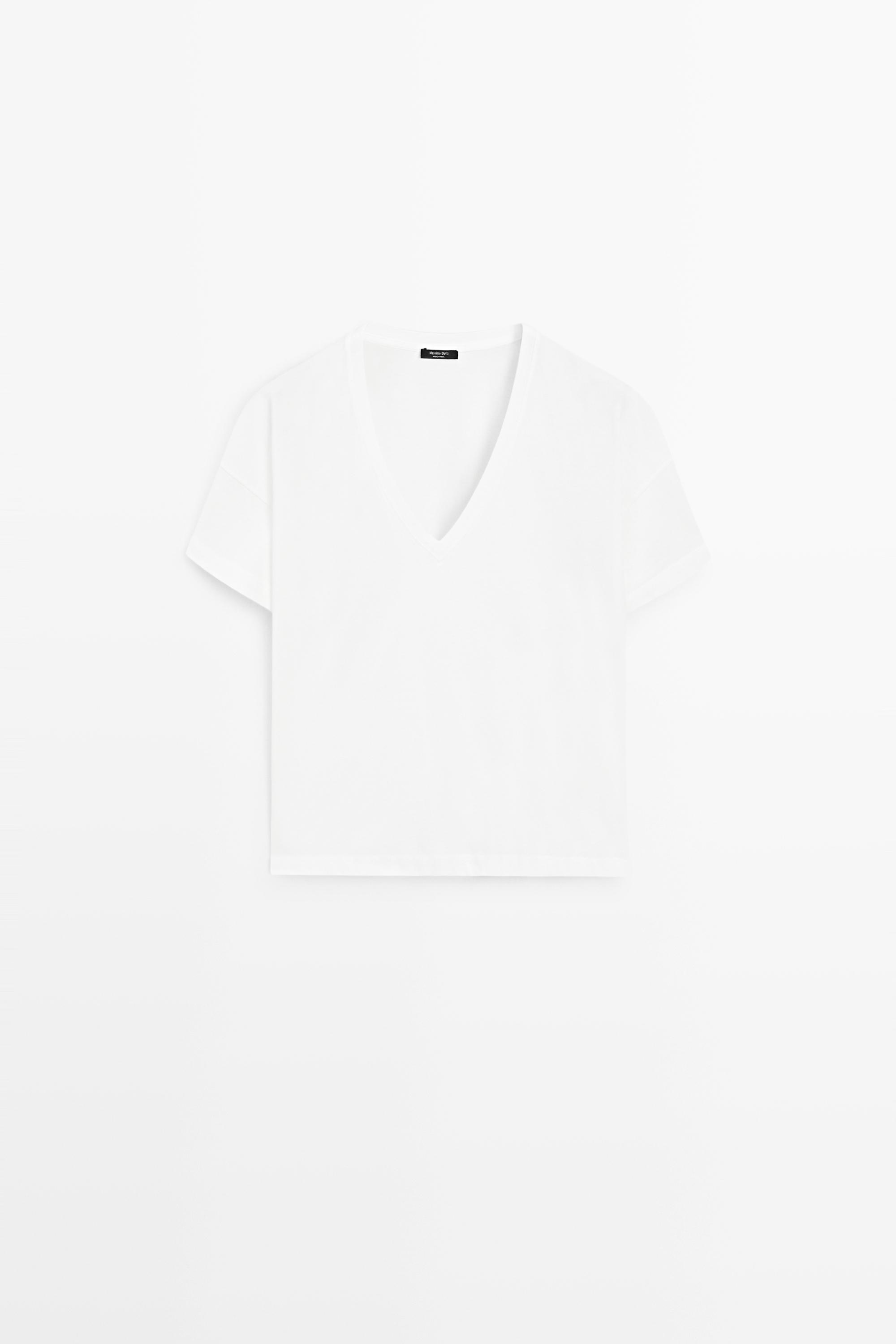 Flowing cropped fit V-neck T-shirt — WHITE