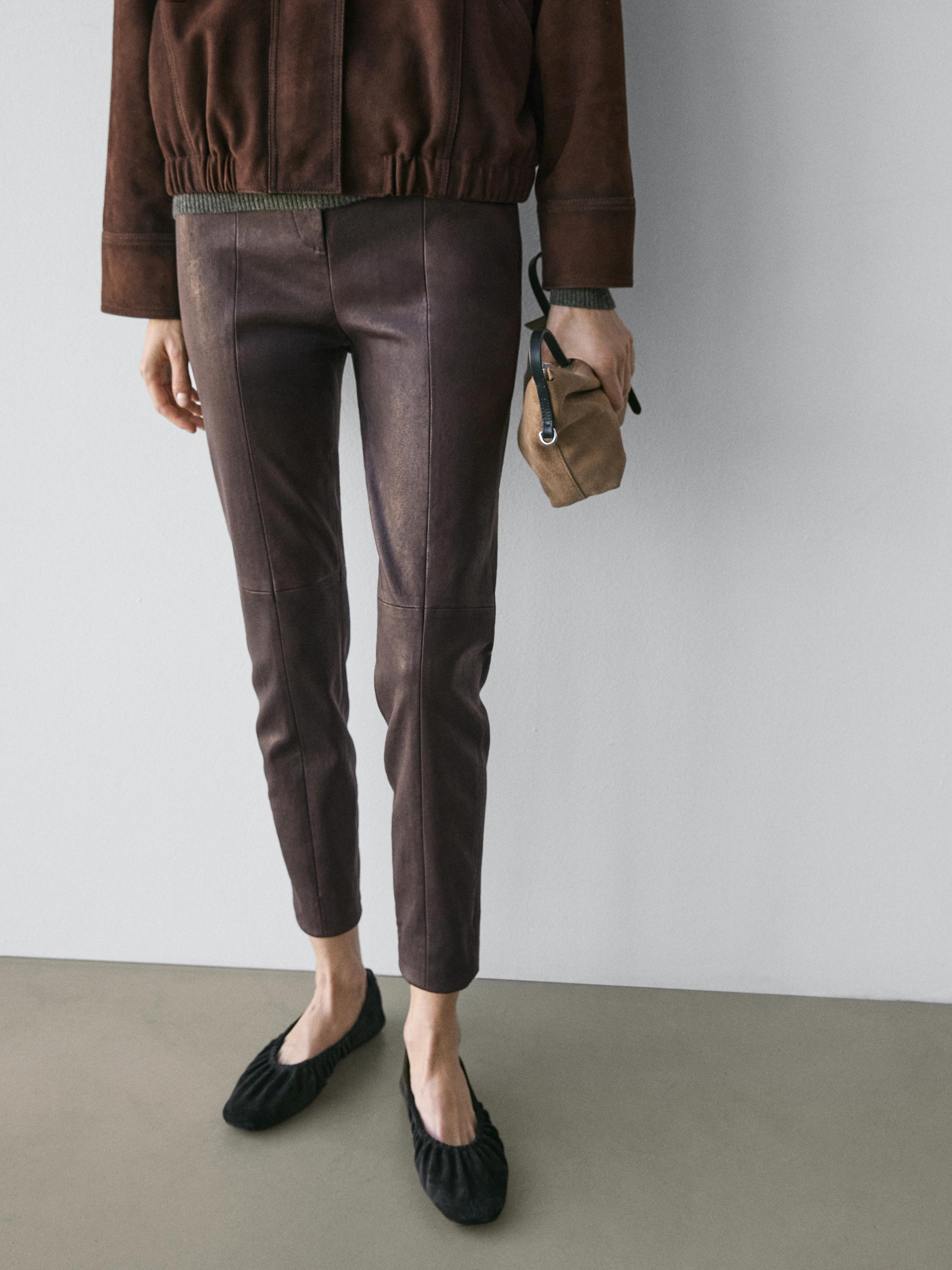 Nappa leather leggings with elasticated detail — BROWN
