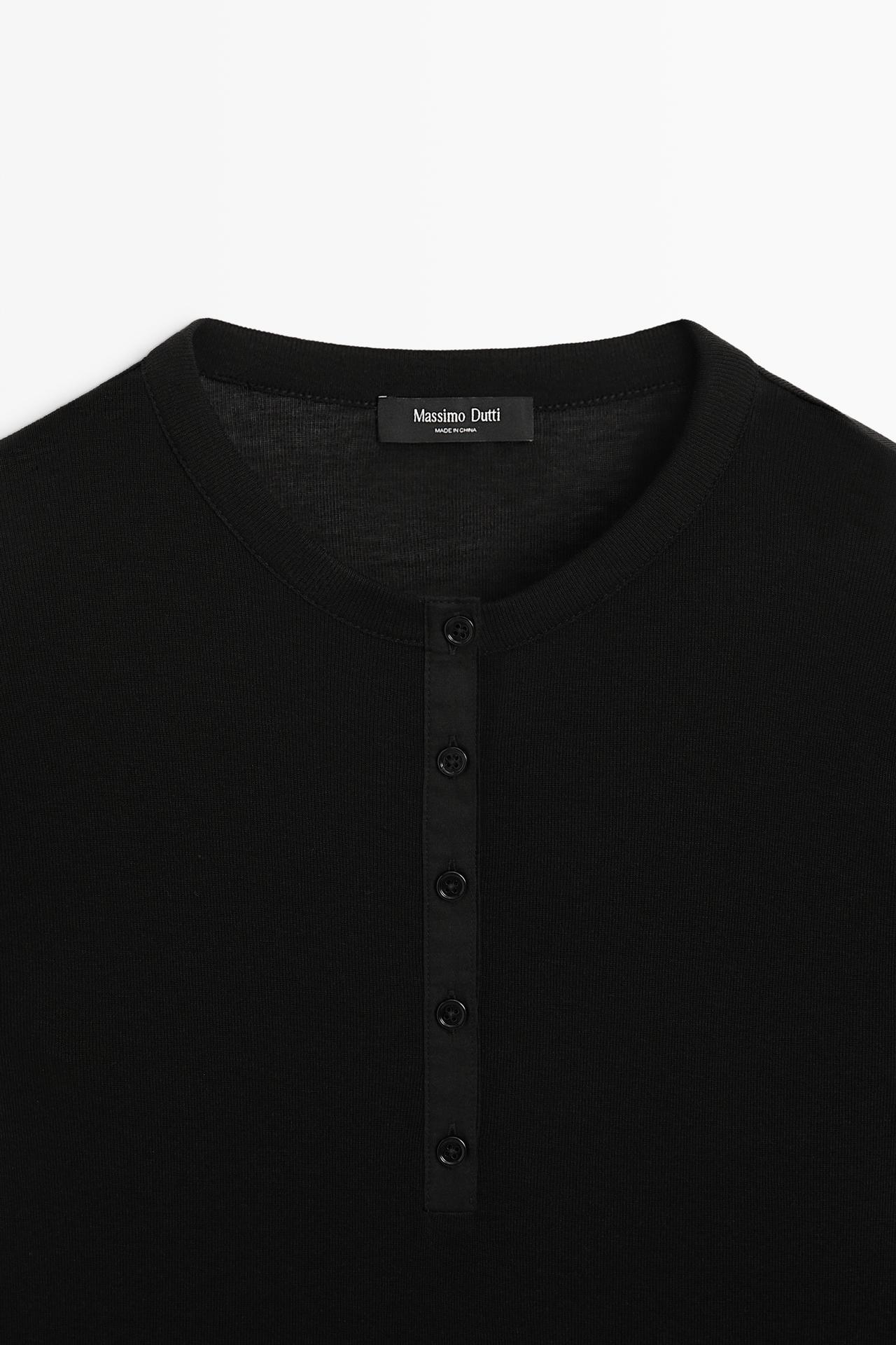 Buttoned henley T-shirt — BLACK