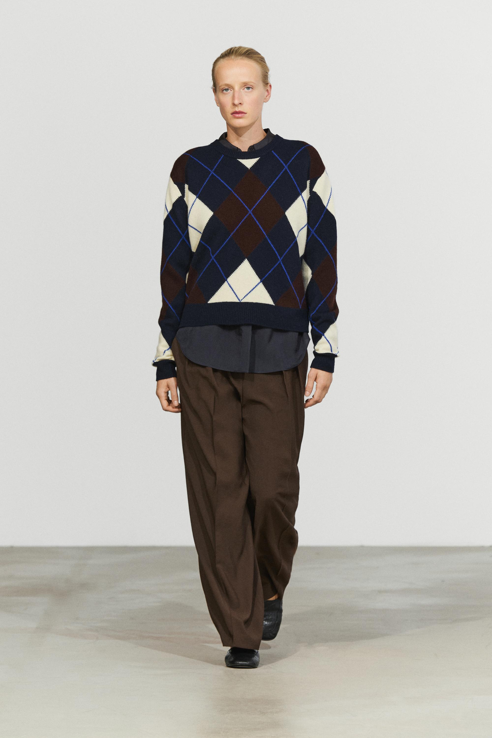 Wollen tricot trui met ruitpatroon