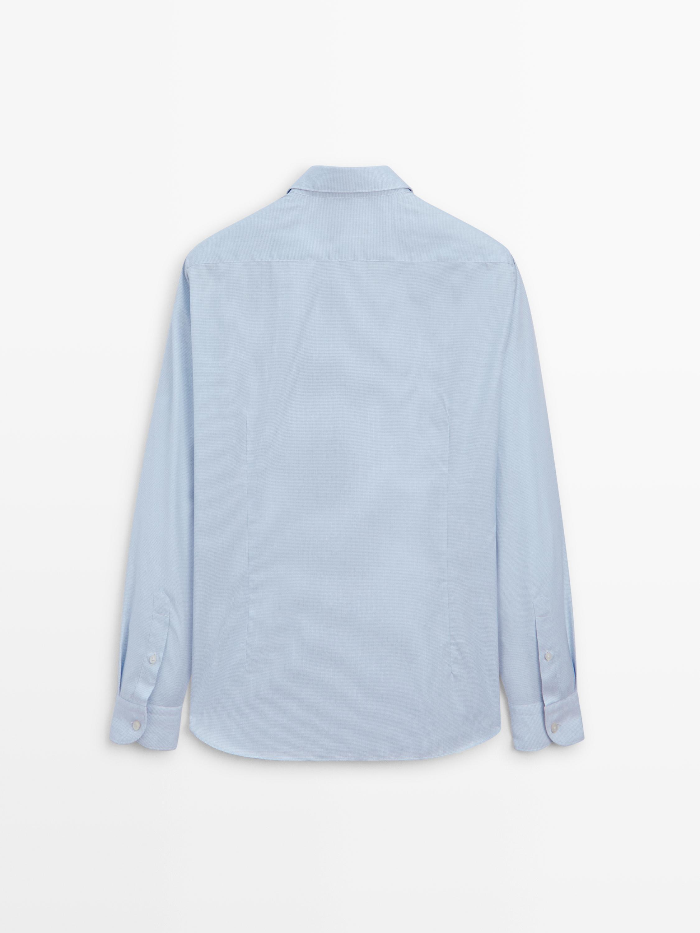 Slim fit micro-checked 100% cotton shirt — SKY BLUE