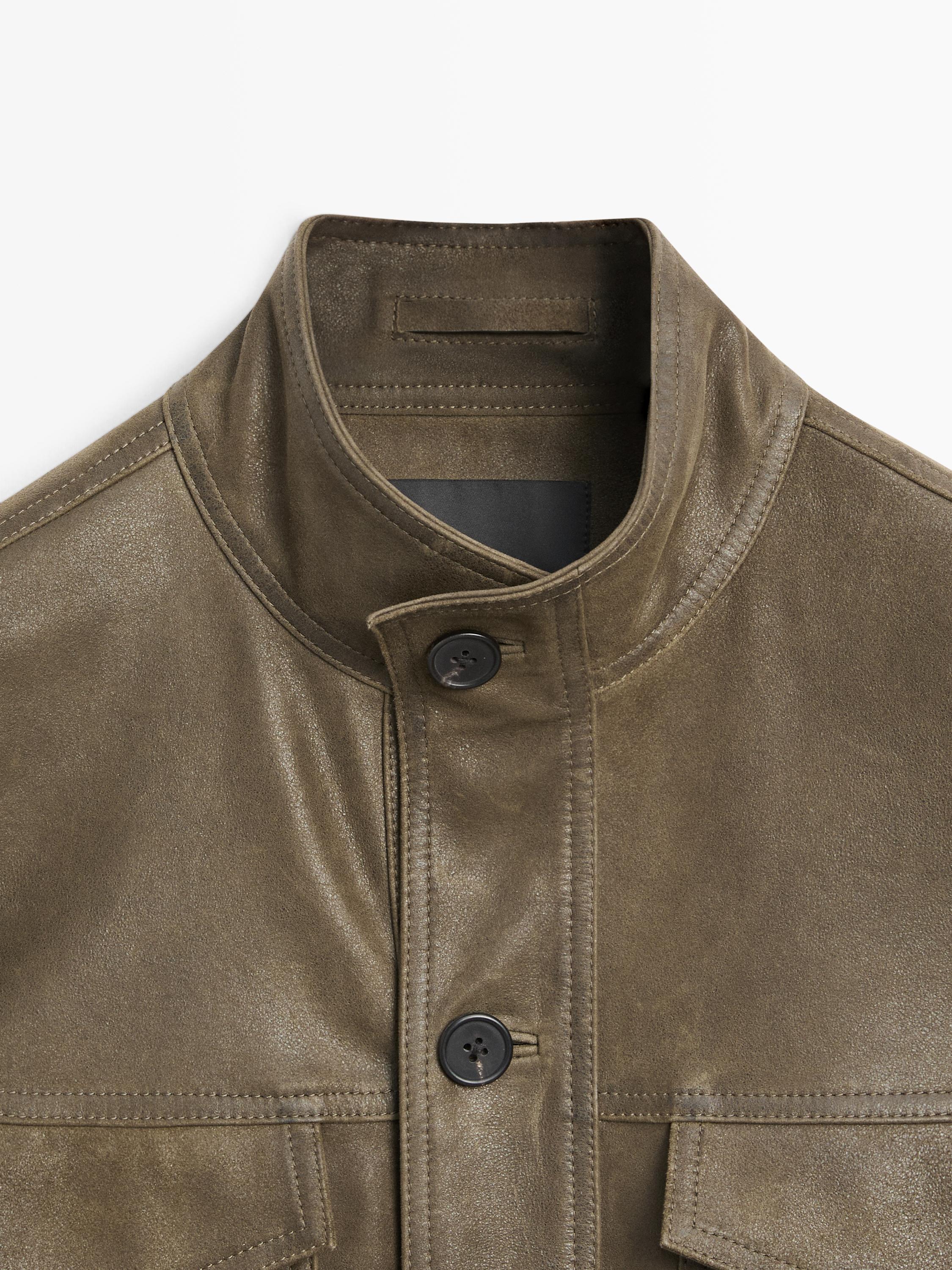 Distressed-effect goatskin leather jacket — KHAKI