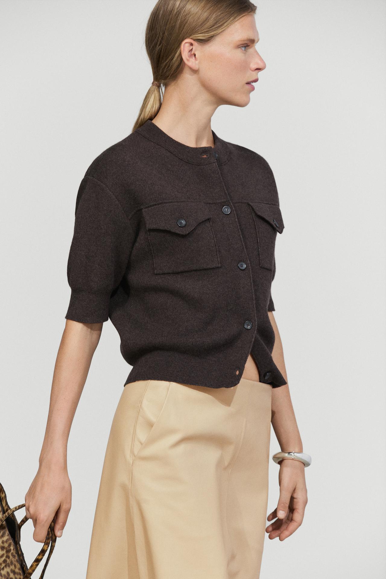 Short sleeve knit cardigan with pockets — BROWN