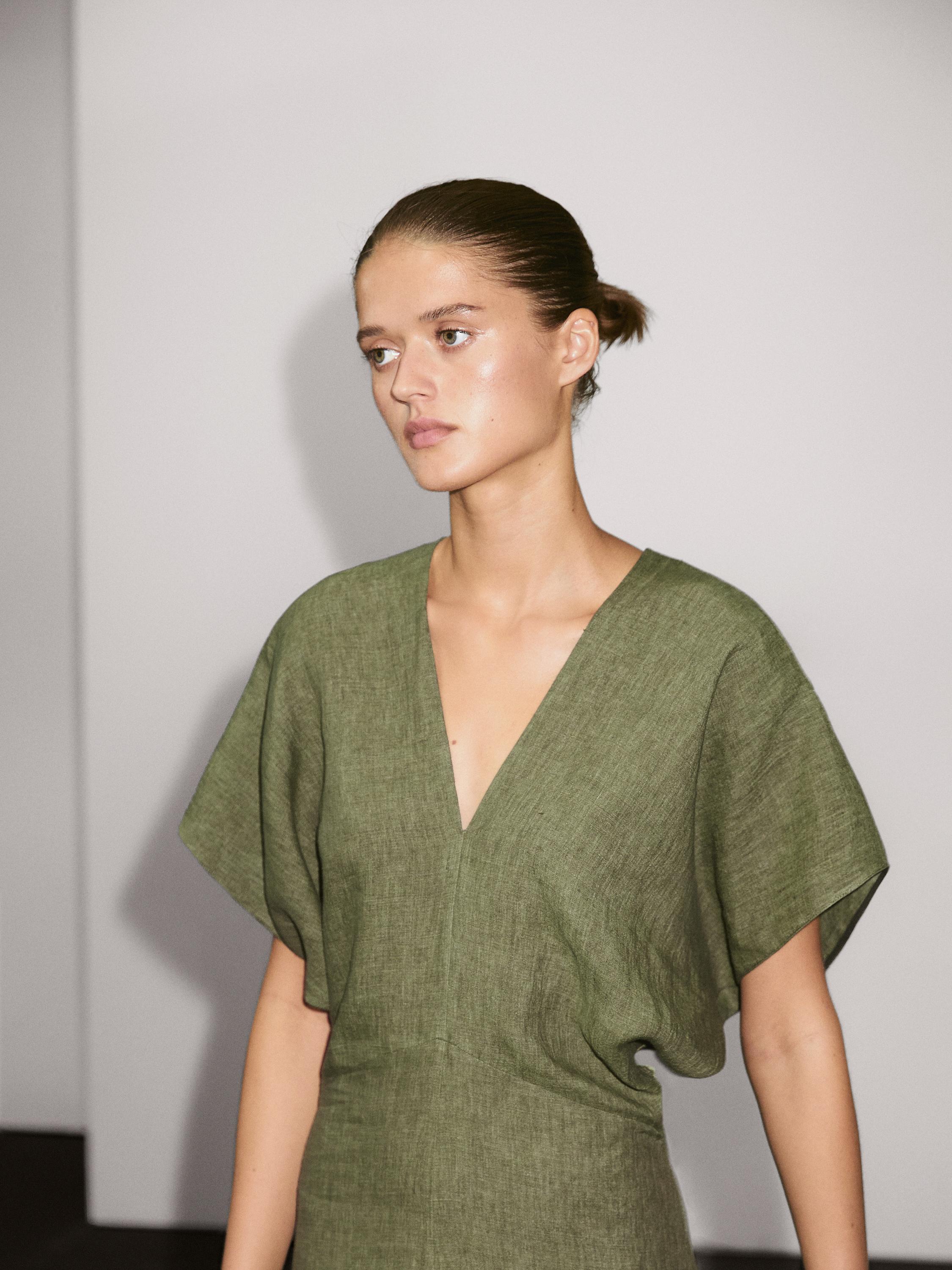 Vestido midi manga corta lino