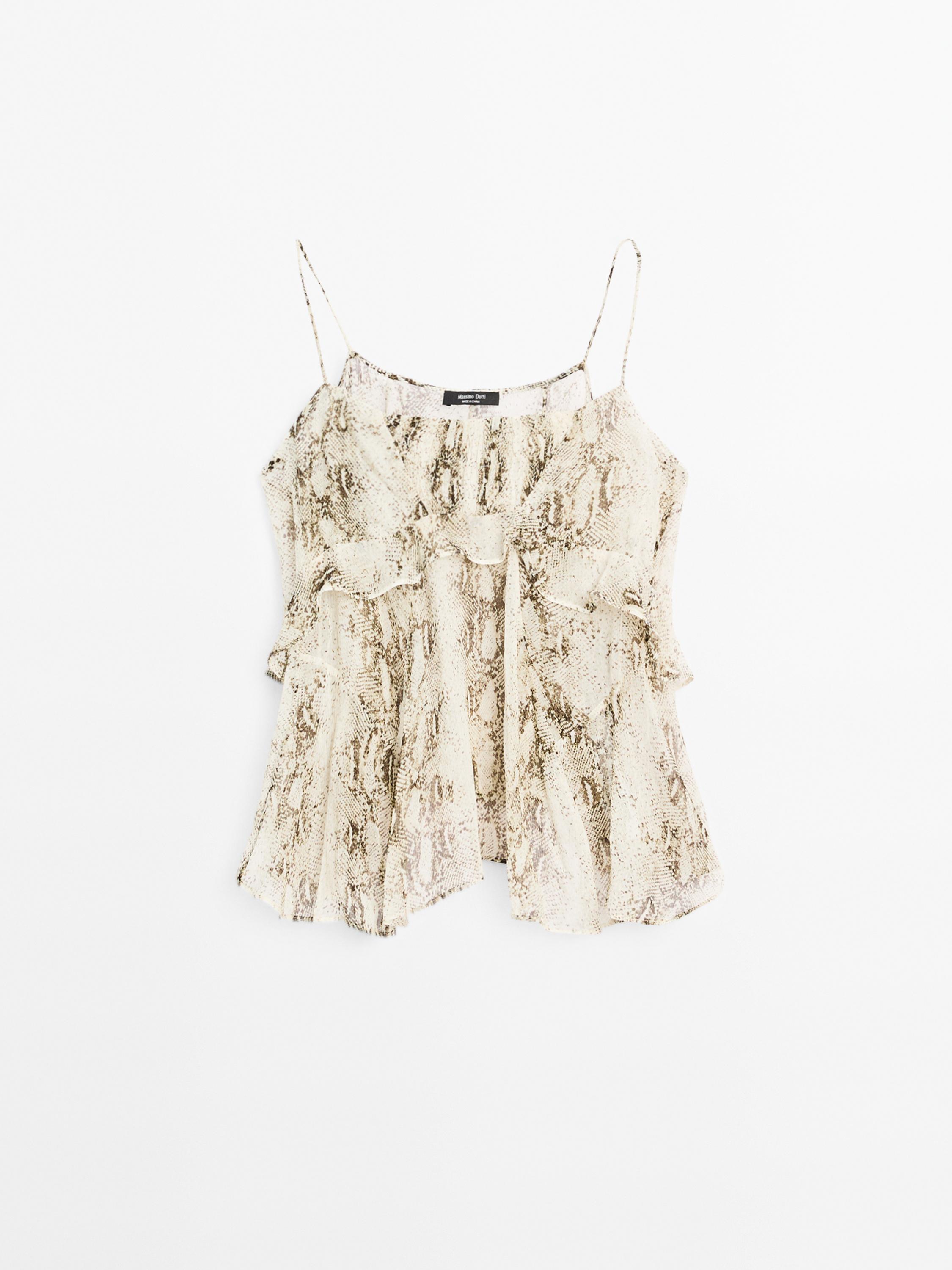 Ruffled snakeskin print top with gathered detail