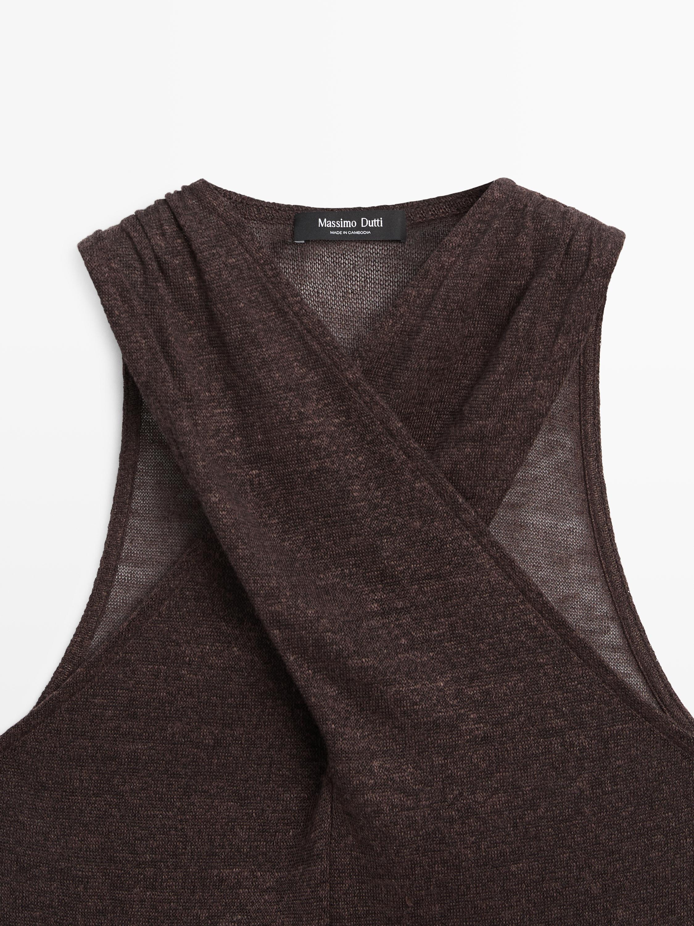 Keten karışımlı kruvaze yaka bluz