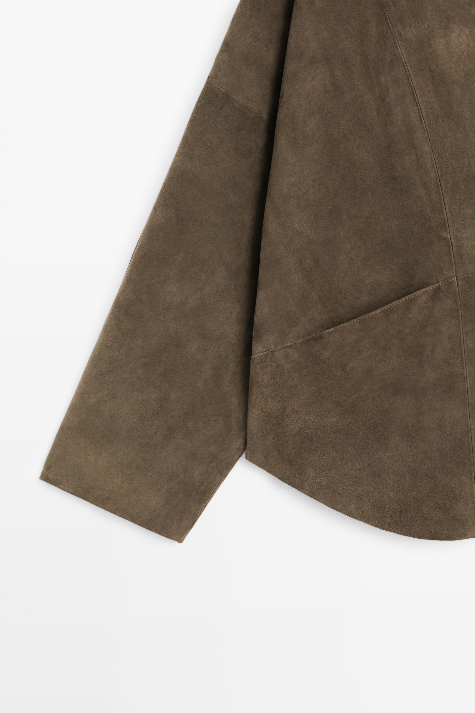 Suede leather high neck jacket — KHAKI