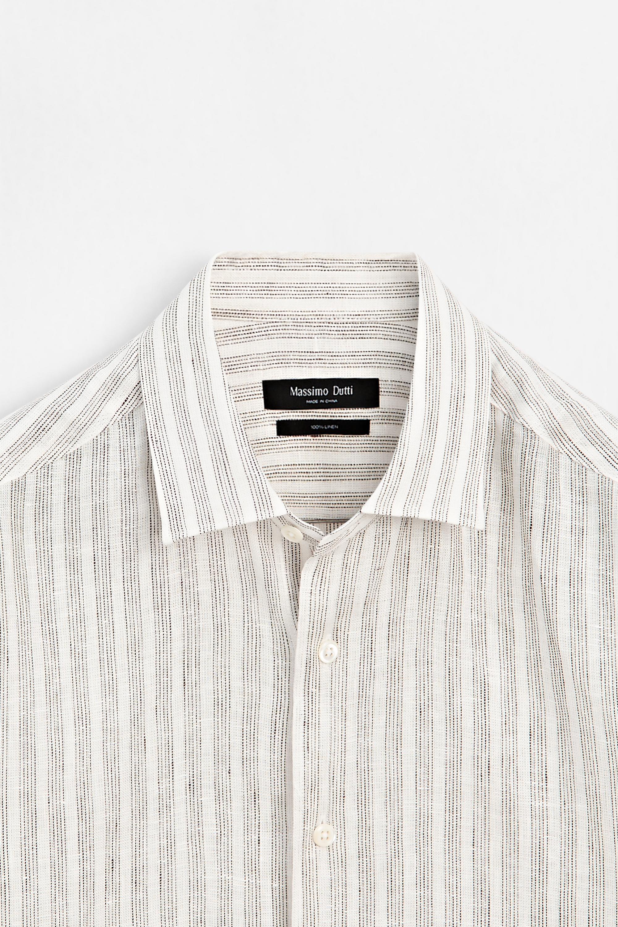 100% linen regular fit striped shirt — BROWN