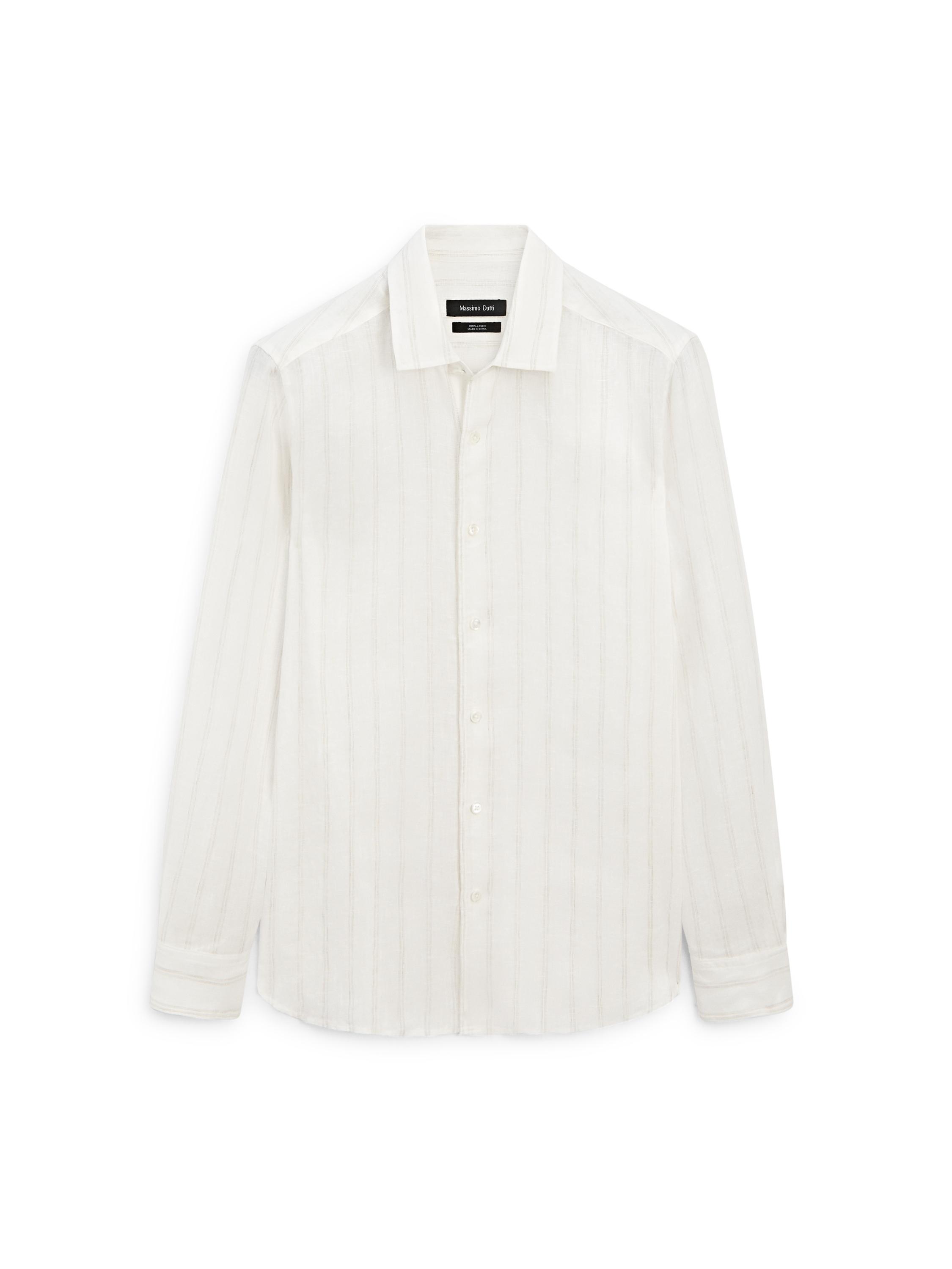 100% linen regular fit striped shirt — BEIGE