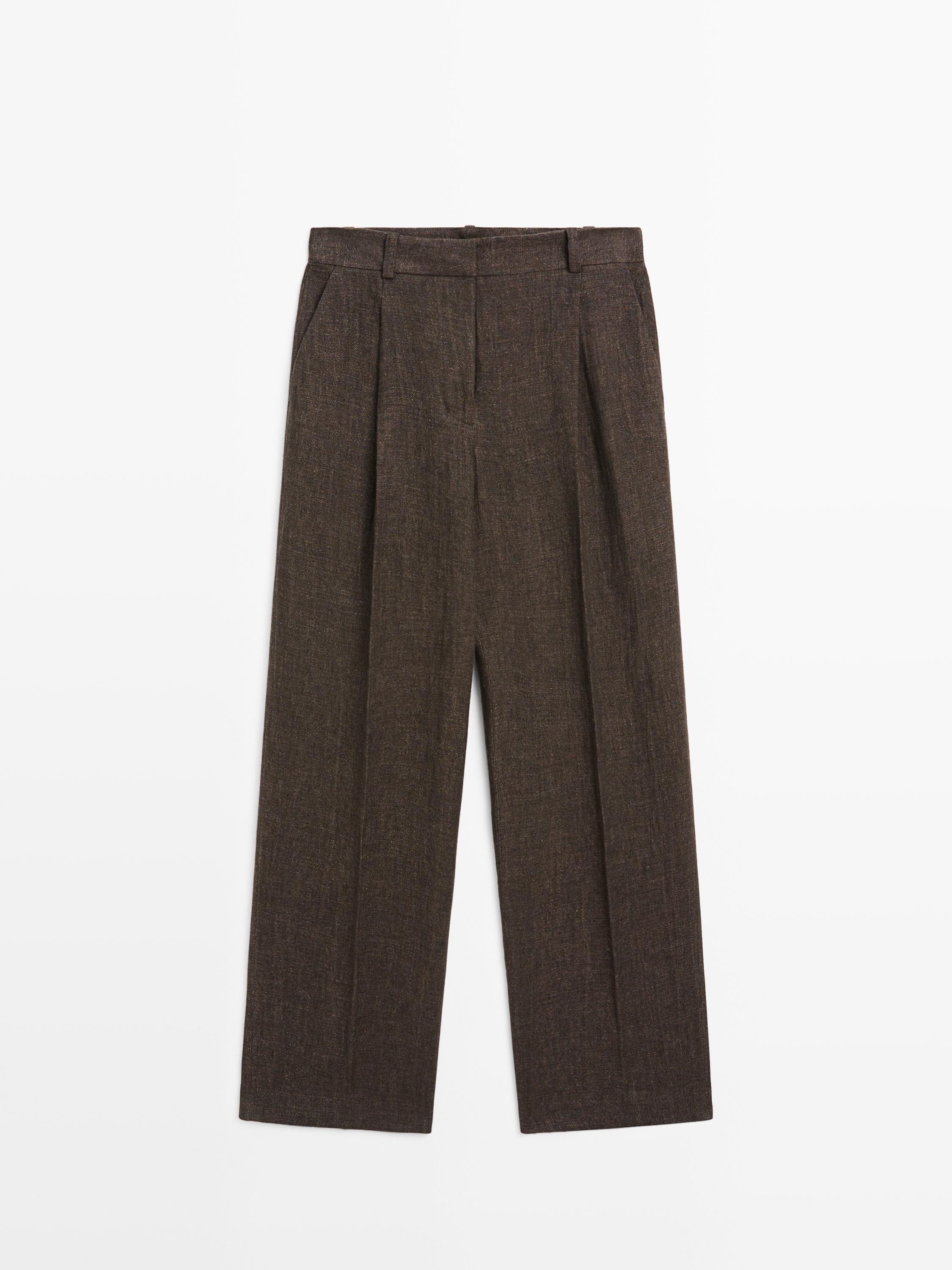 Total look melange linen darted trousers — MOLE BROWN