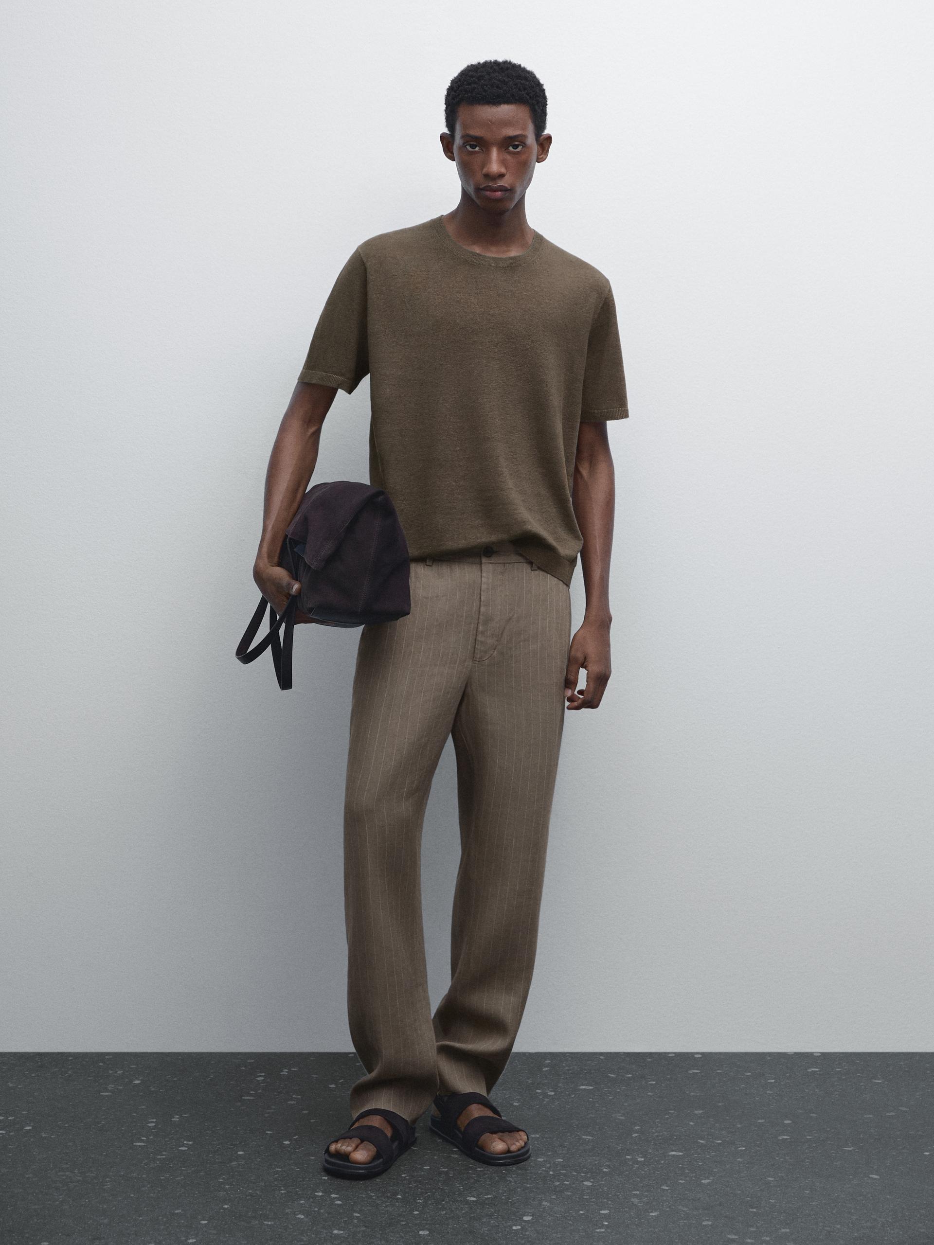 T-Shirt En Maille 100 % Lin - Moka - L - Massimo Dutti - Homme
