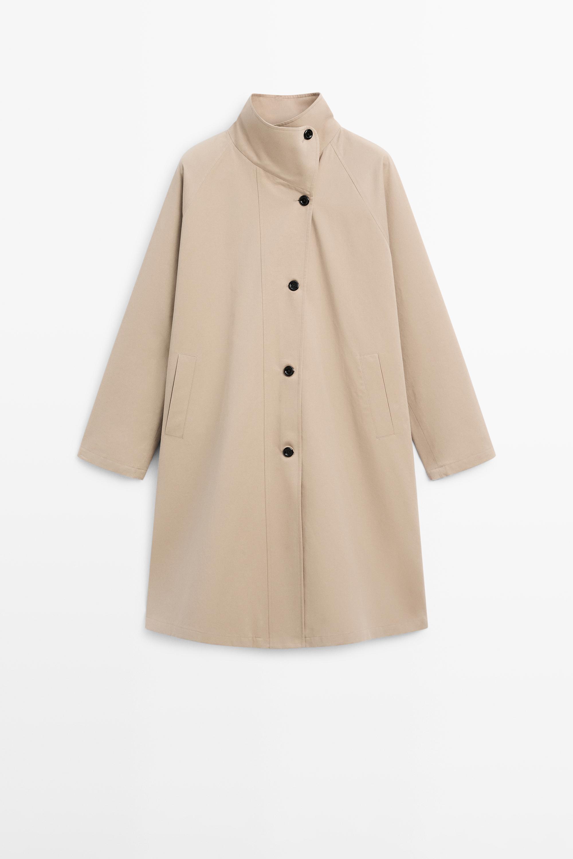 Long cotton trench coat with side fastening