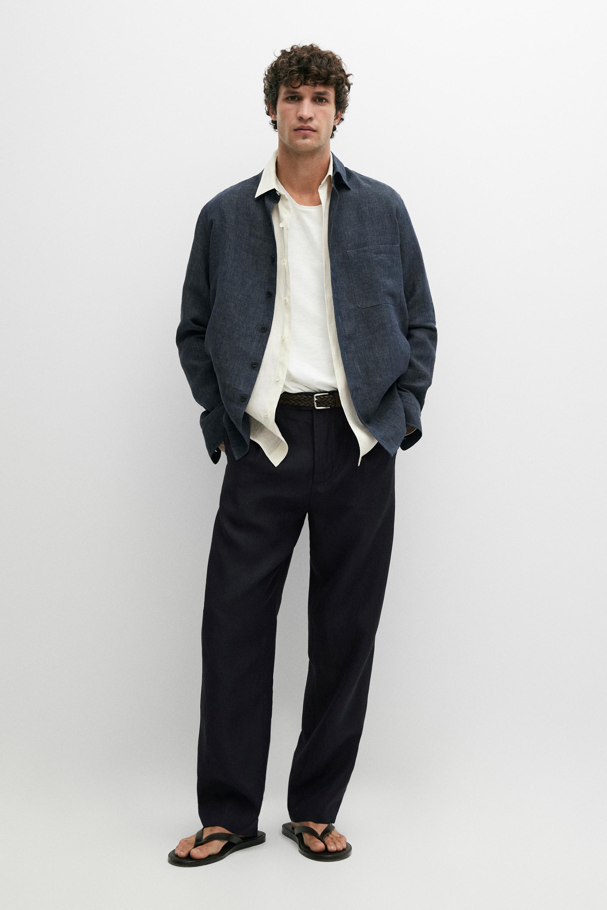 Darted 100% linen trousers — NAVY BLUE