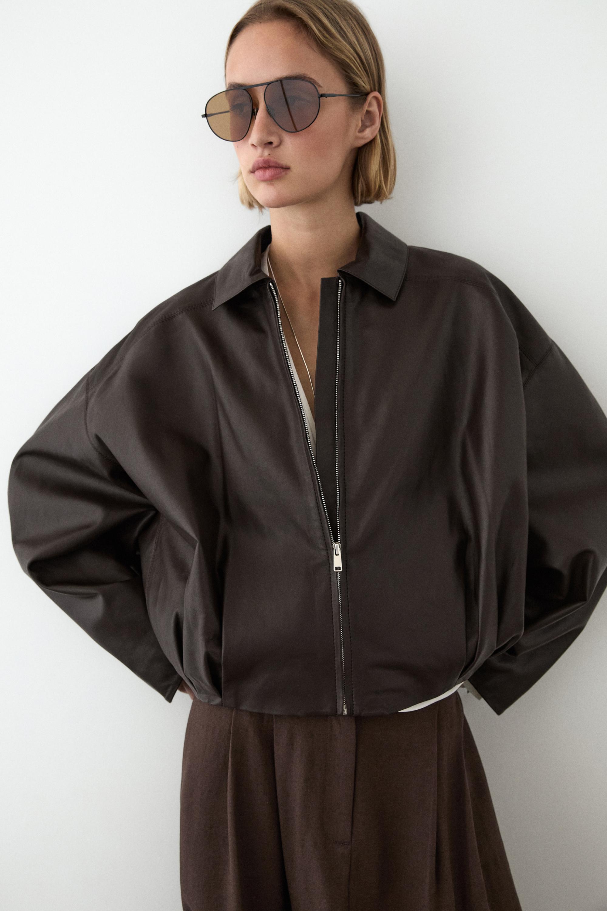 Nappa leather bomber jacket with pleat detail — BROWN