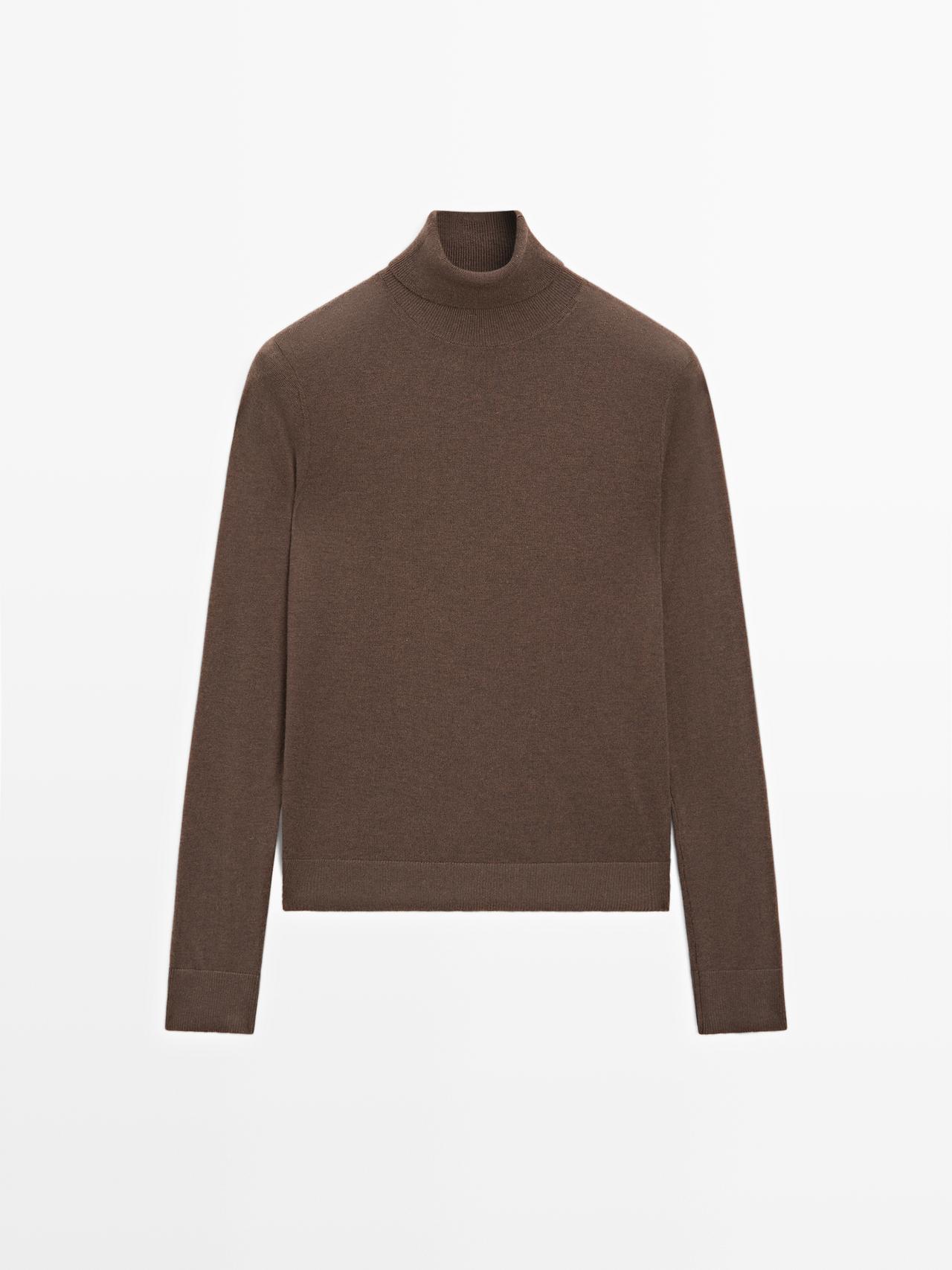 Massimo Dutti - Dame - Striktrøje I Uldblanding Med Høj Hals - Brun - S