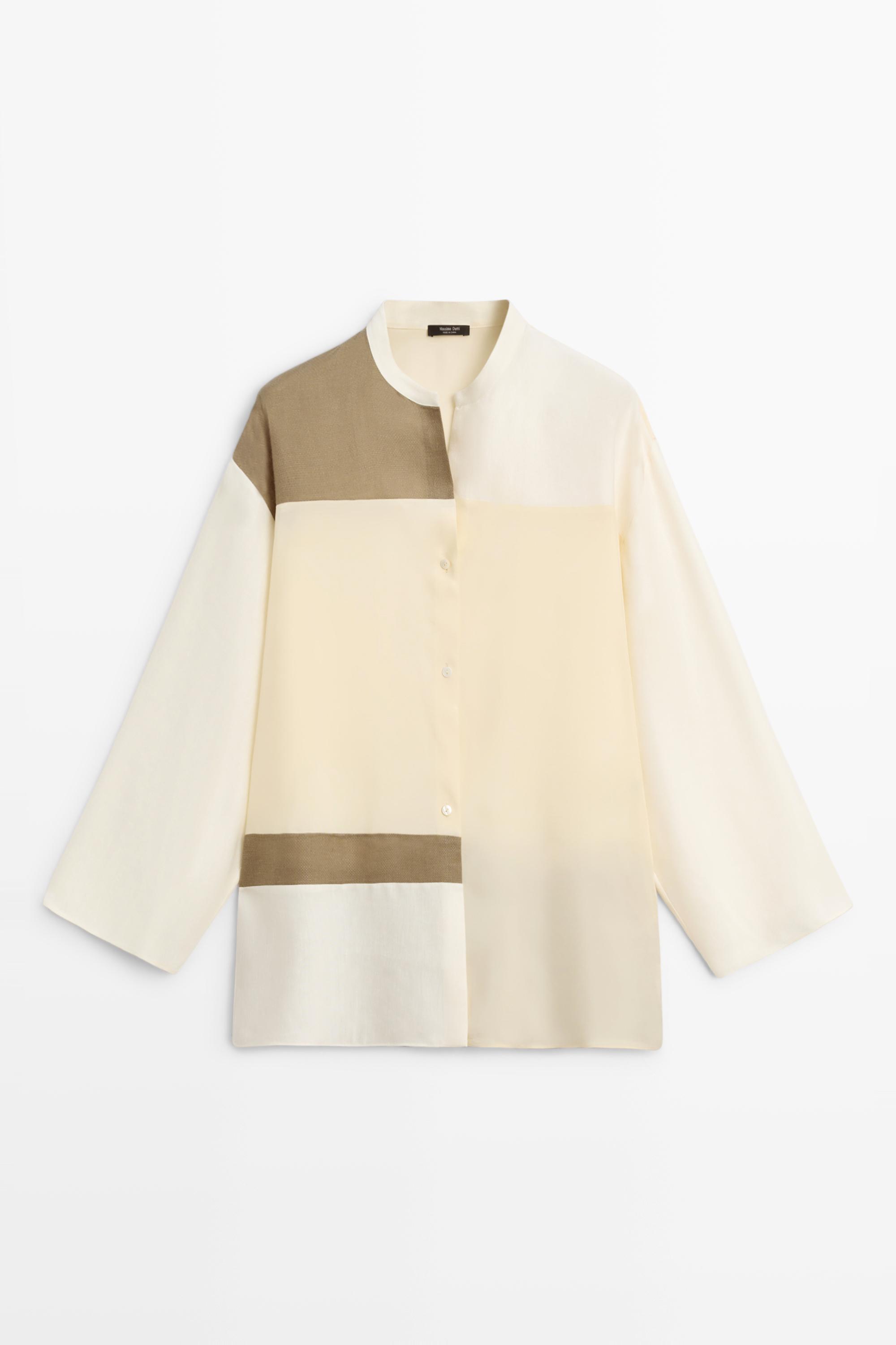 Flowing patchwork shirt with stand-up collar — CREAM