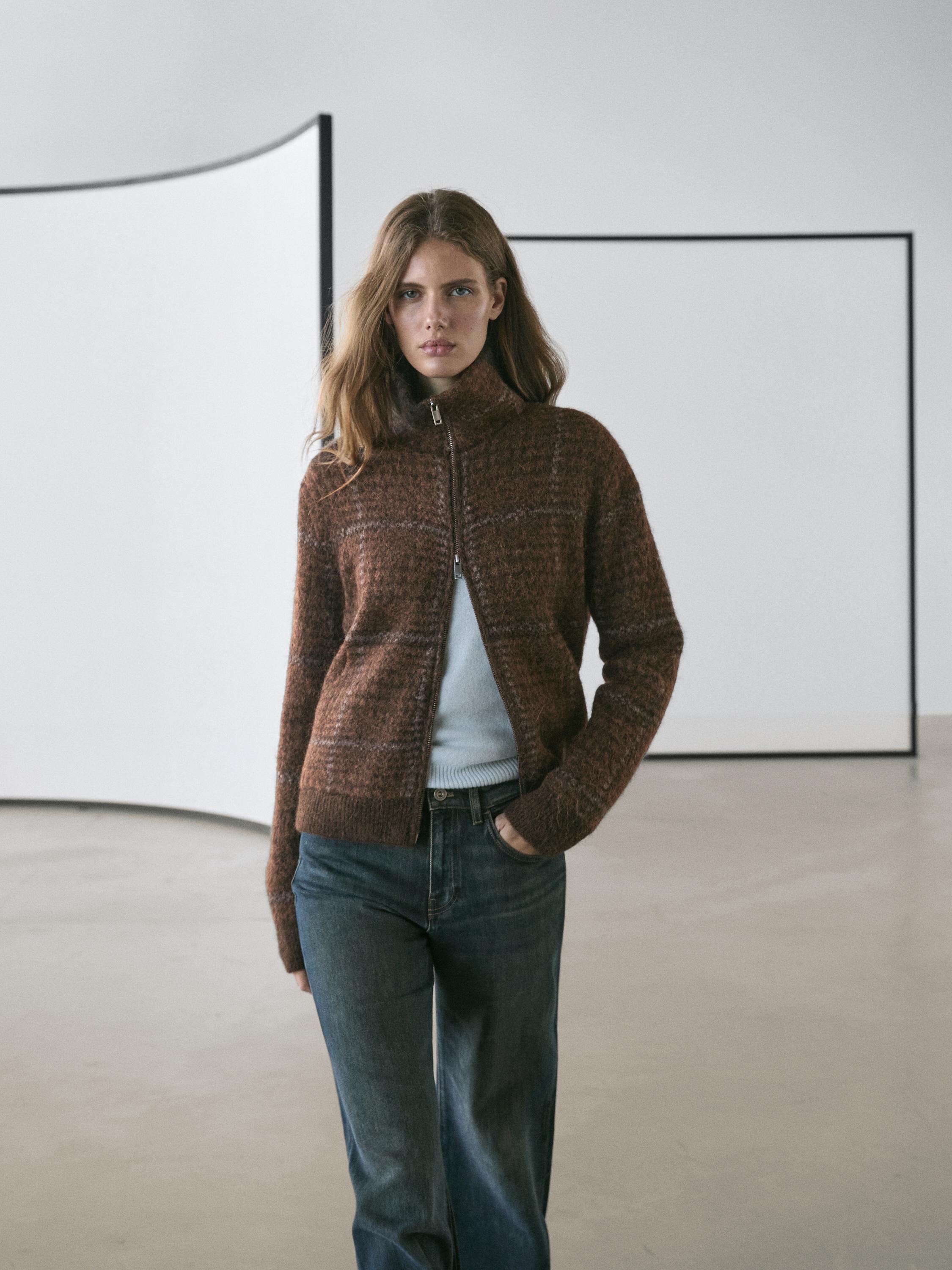 Check knit alpaca and felt texture cardigan