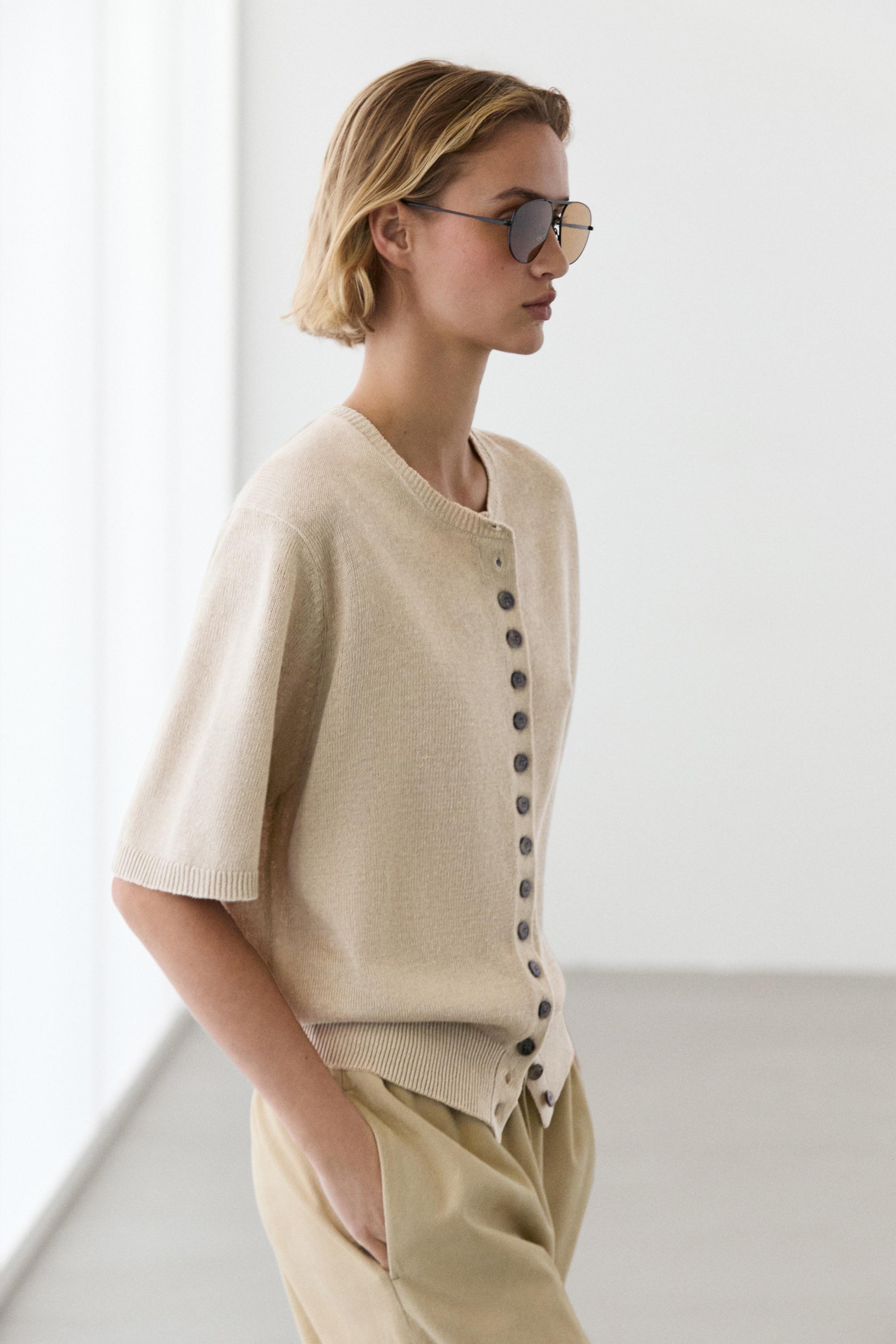 Linen blend short sleeve cardigan