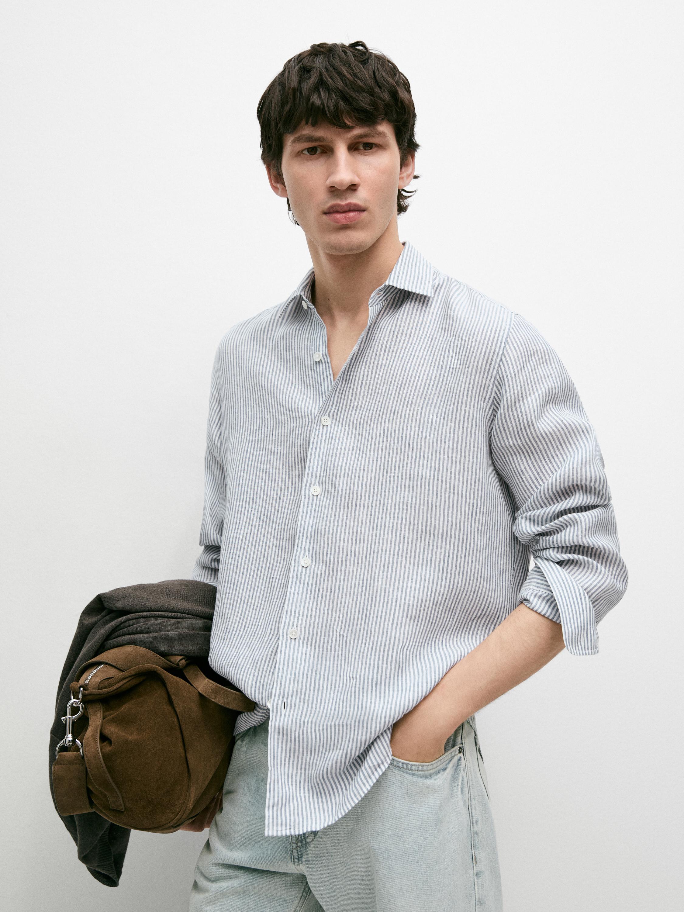 Striped slim fit linen shirt — BLUE