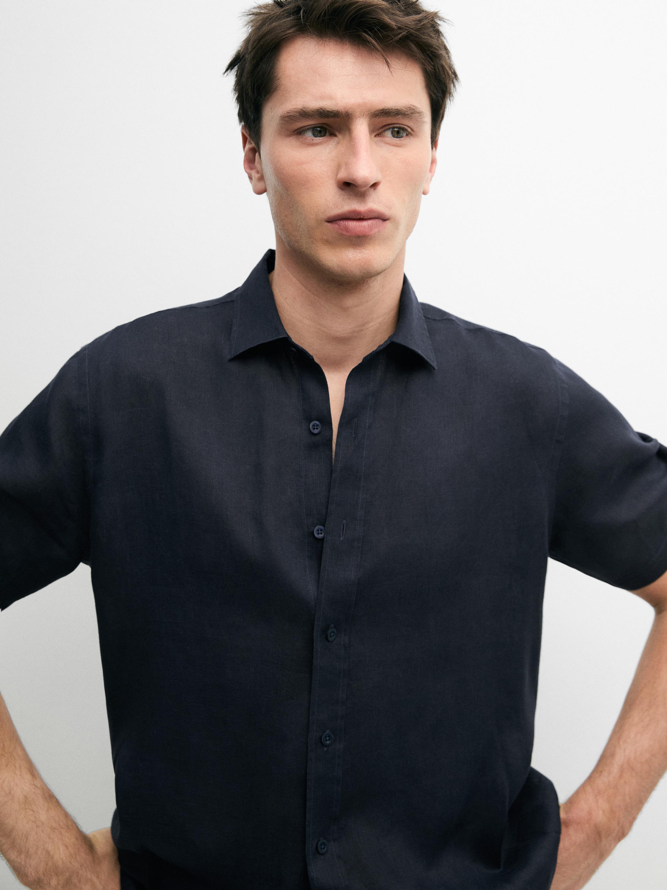 100% linen regular fit short sleeve shirt — NAVY BLUE