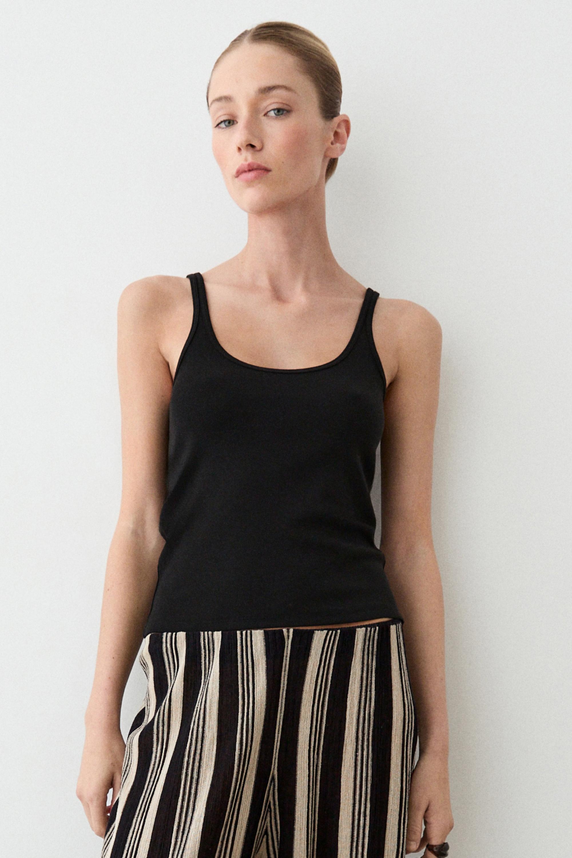 Strappy cotton blend top — BLACK