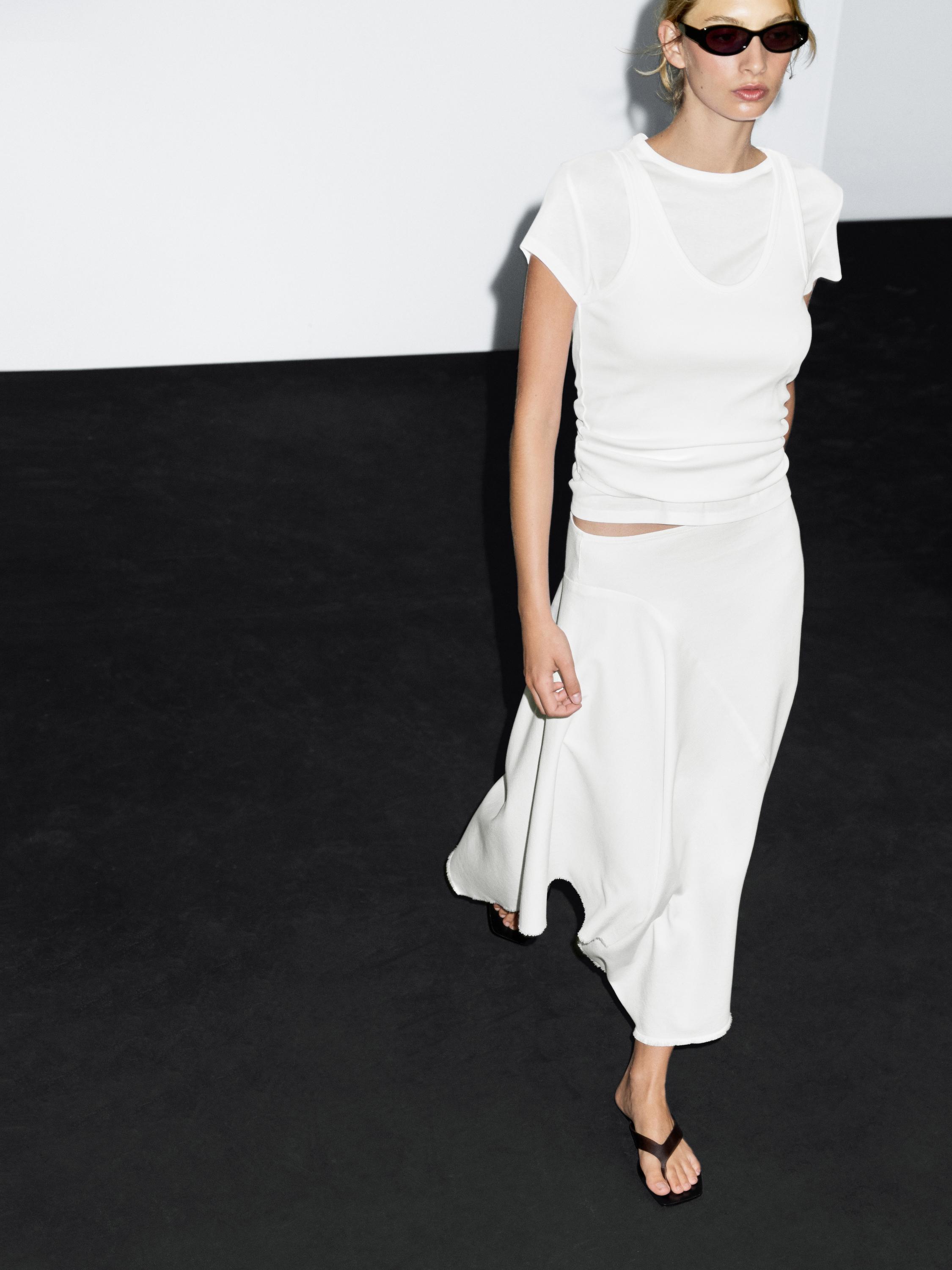 Asymmetric denim midi skirt