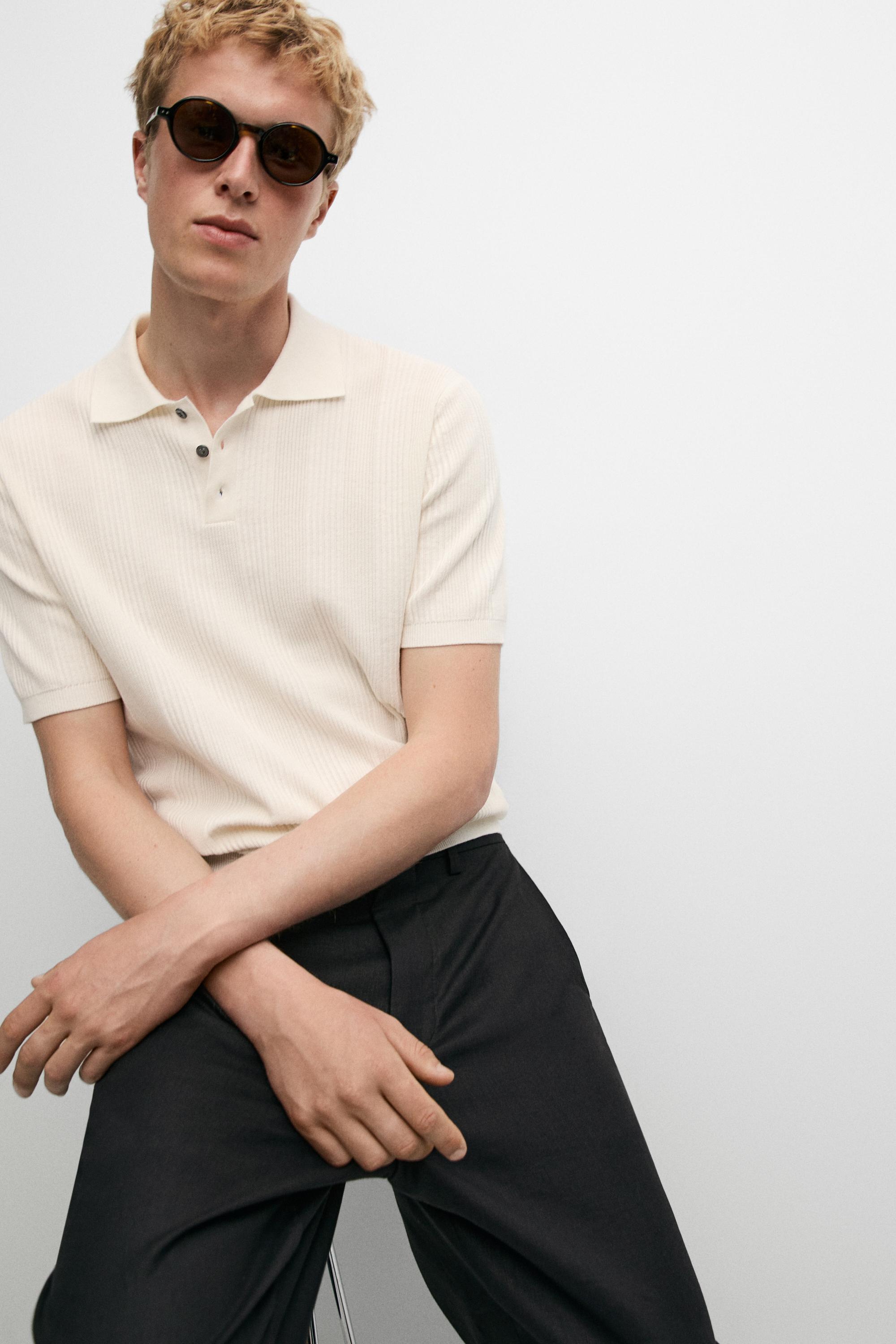 100% cotton textured striped knit polo shirt — CREAM