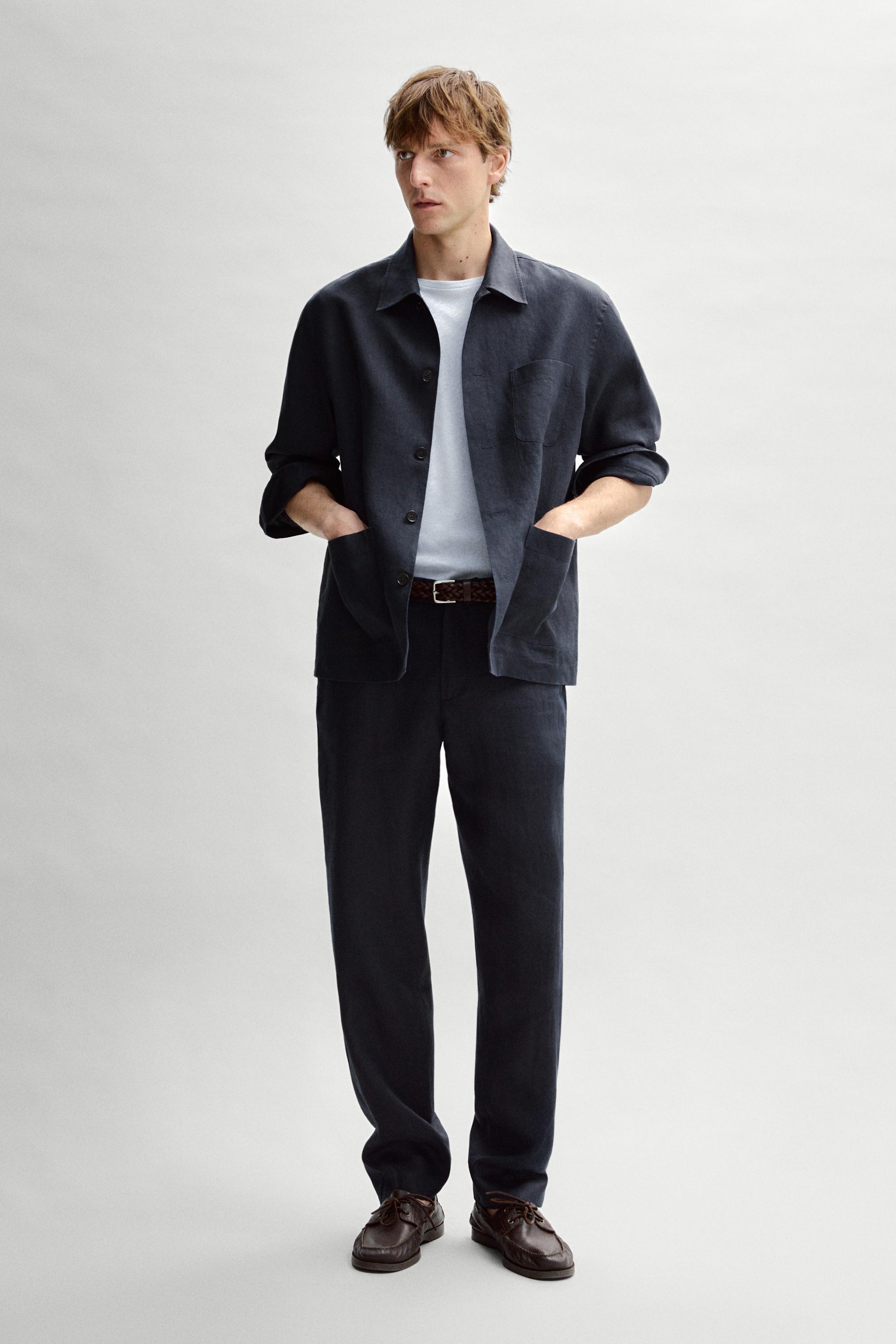 Linen total look overshirt with pocket details — NAVY BLUE