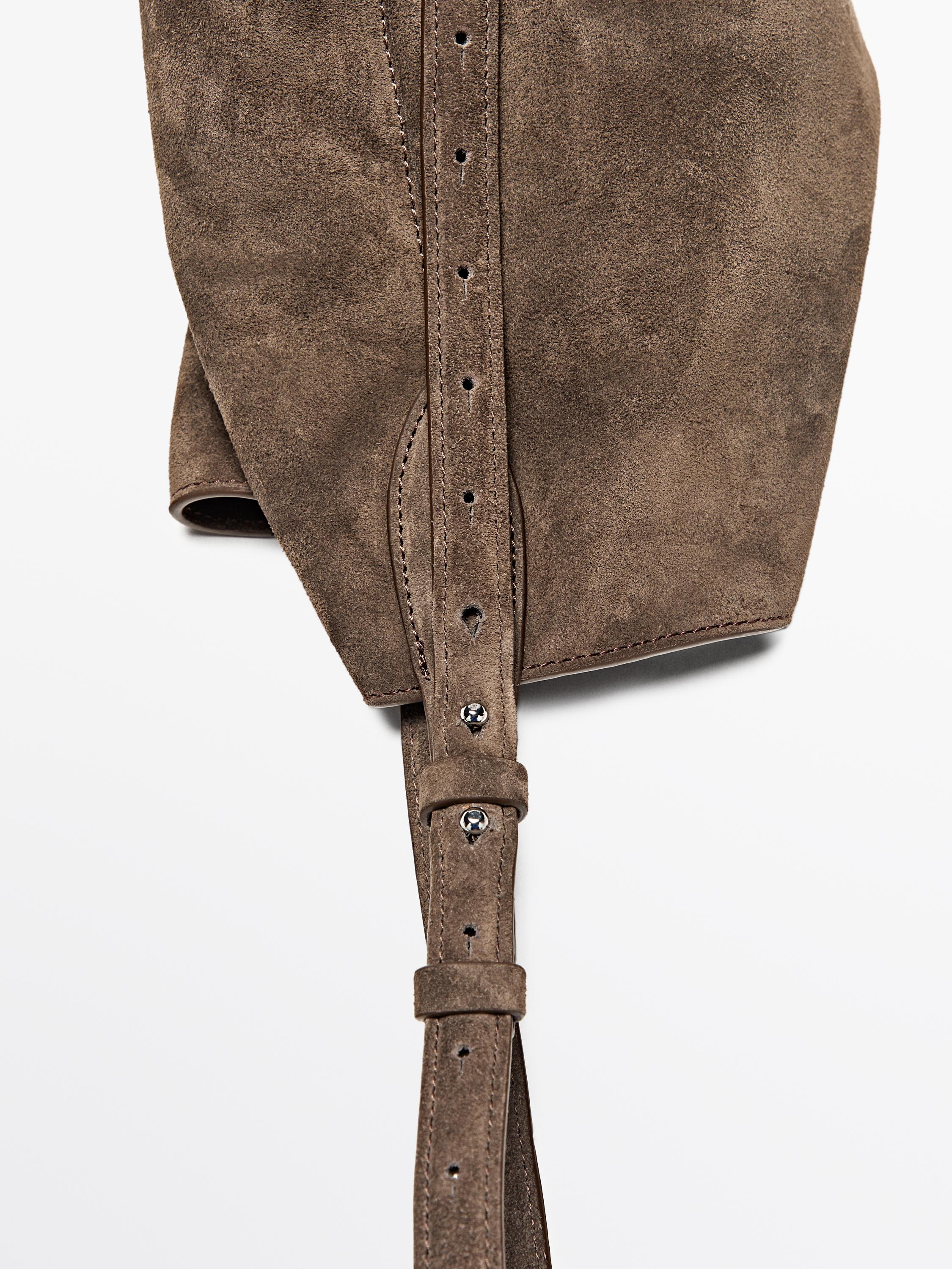 Split leather and leather mini bucket bag — MOLE BROWN