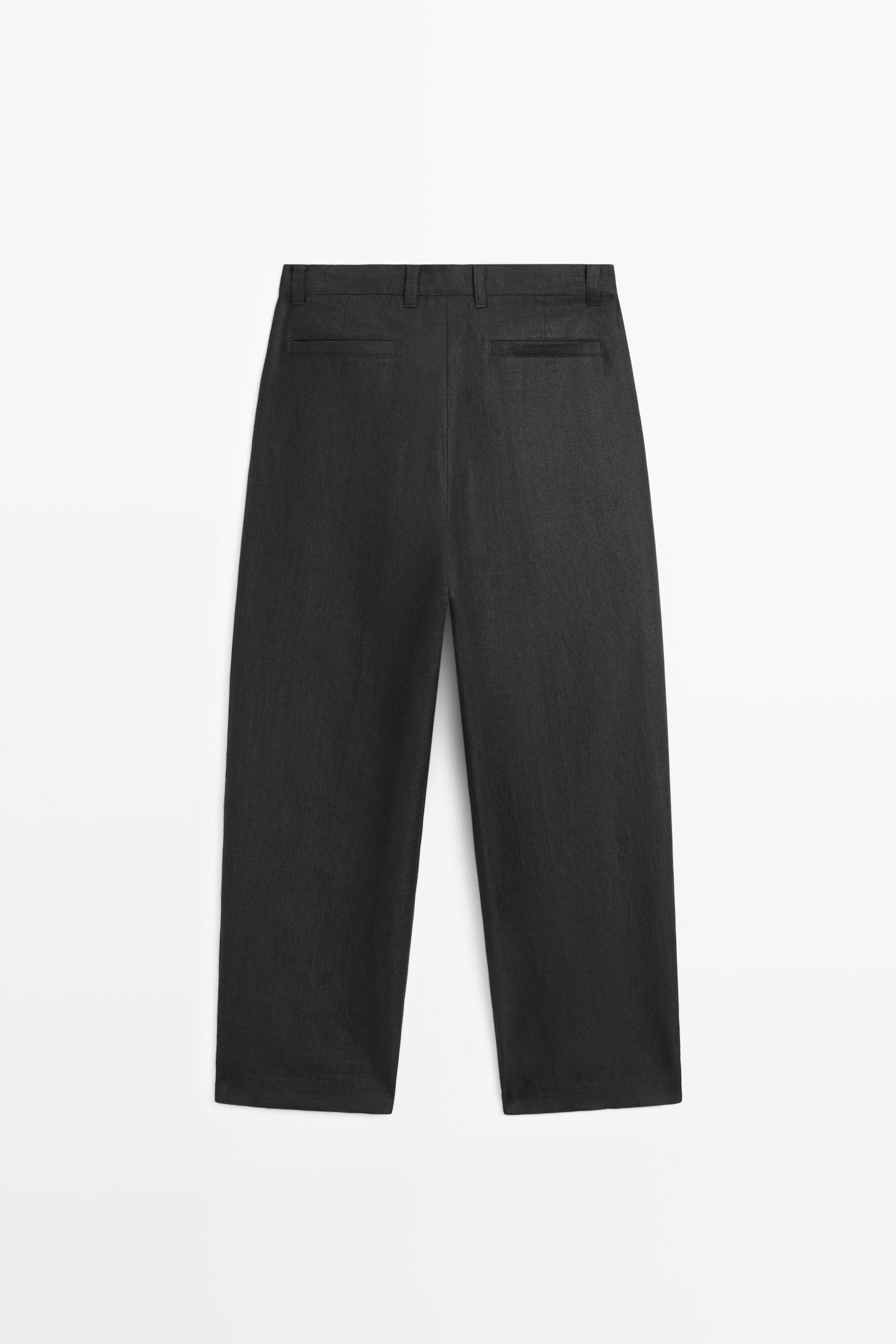 100% linen trousers with double darts — BLACK
