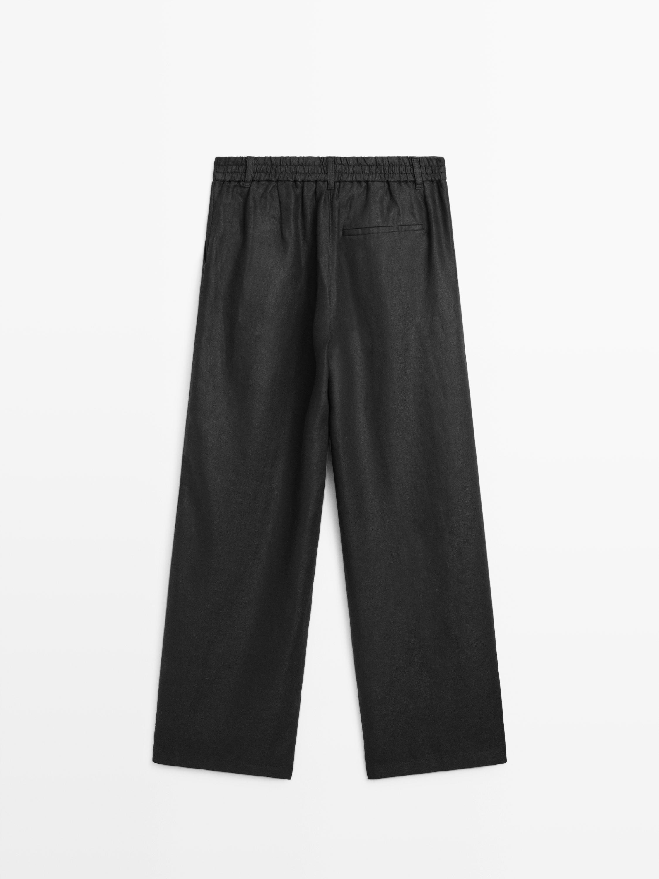 100% linen wide-leg elasticated trousers — BLACK